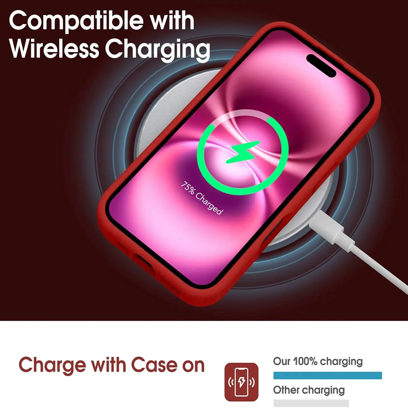 Rote Hülle auf iPhone 16 Plus, drahtlos ladend auf weißer Ladestation.
