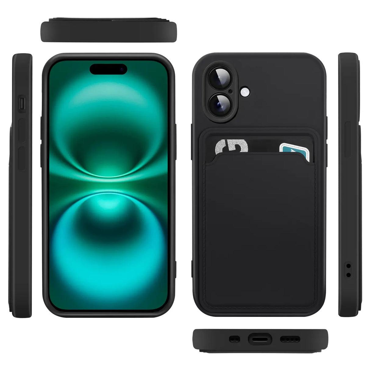 iPhone 16 Plus Handyhülle in Schwarz mit Kameraschutz und Kartenfach