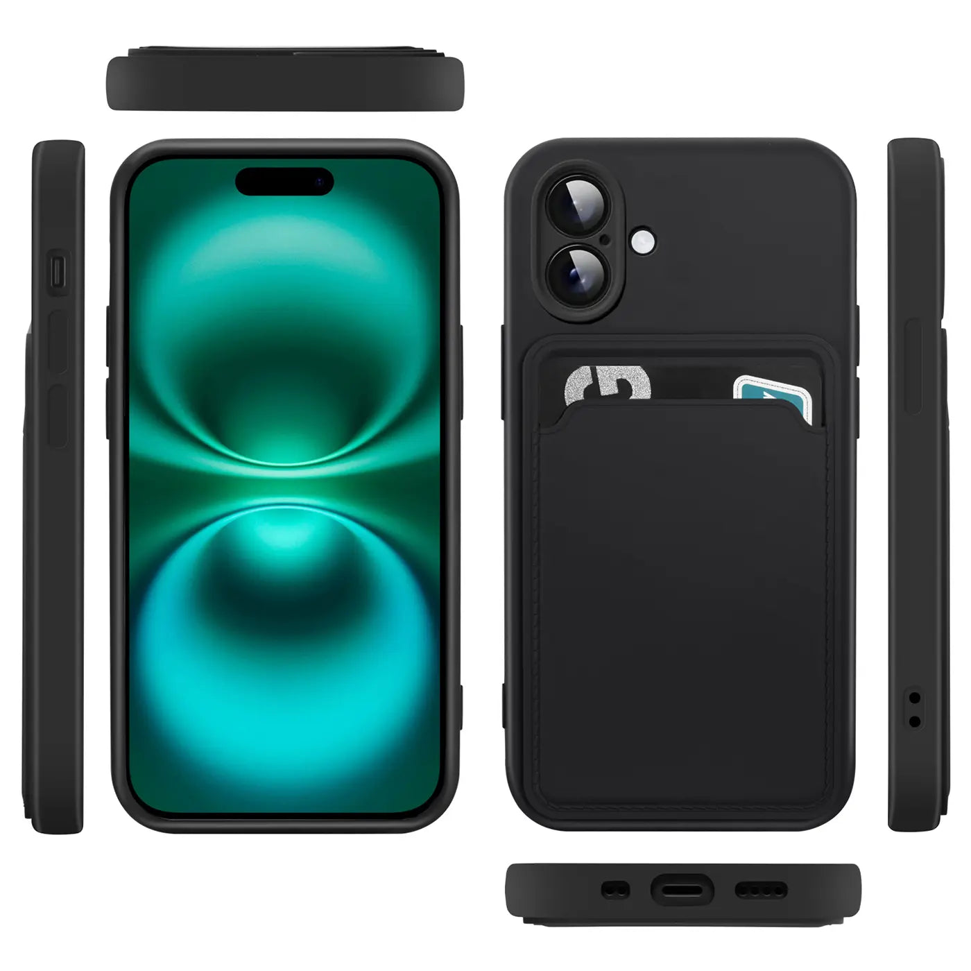 Schwarze Handyhülle aus Silikon mit Kartenfach, Vorder- und Rückansicht, iPhone 16 Plus.