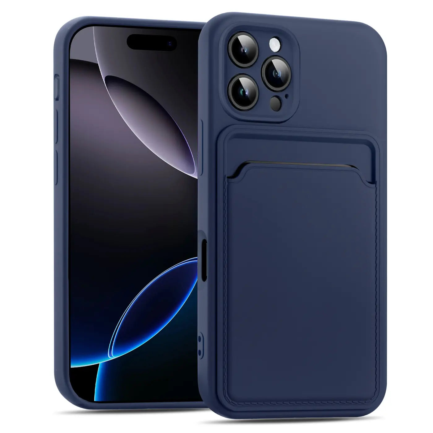Dunkelblaue Slim Hülle aus Kunststoff mit Kartenfach, Vorderansicht, iPhone 16 Pro.