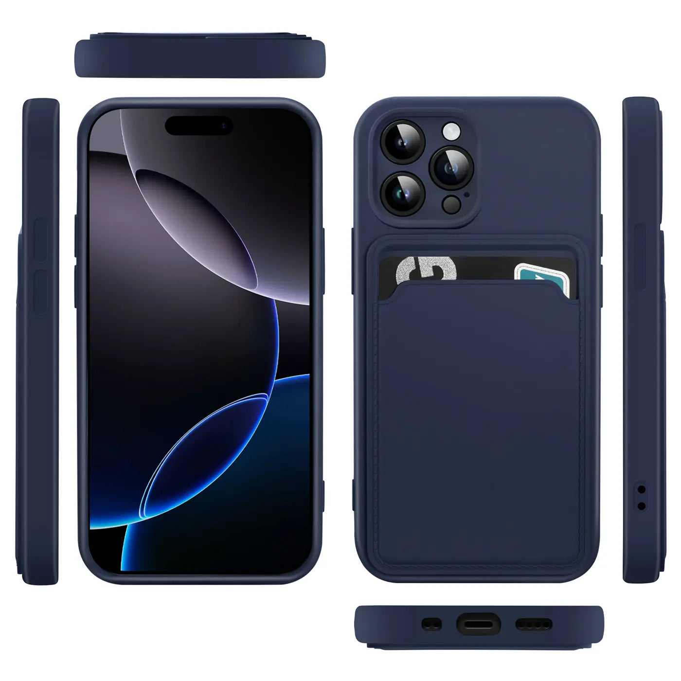 Dunkelblaue Silikonhülle mit Kartenfach für iPhone 16 Pro, verschiedene Ansichten.