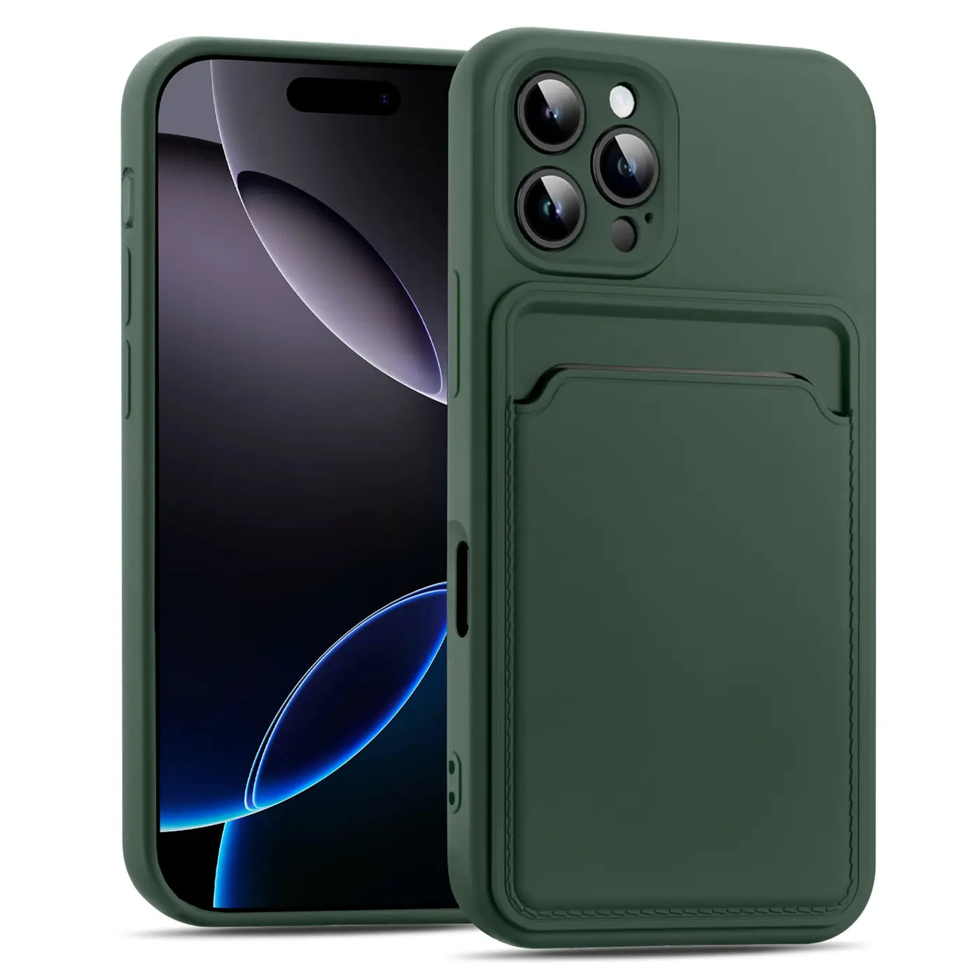 Dunkelgrüne Handyhülle aus Kunstleder mit Kartenfach, seitliche Ansicht, iPhone 16 Pro Max.