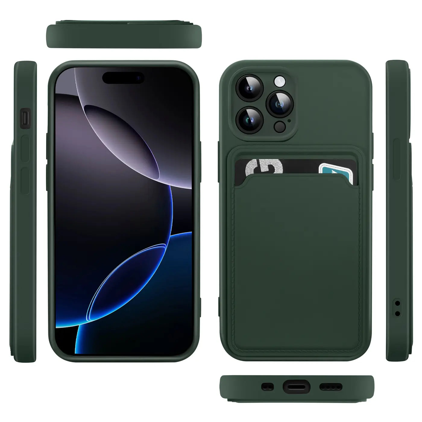Dunkelgrüne Hülle aus Silikon für iPhone 16 Pro Max mit Kartenfach, verschiedene Ansichten.