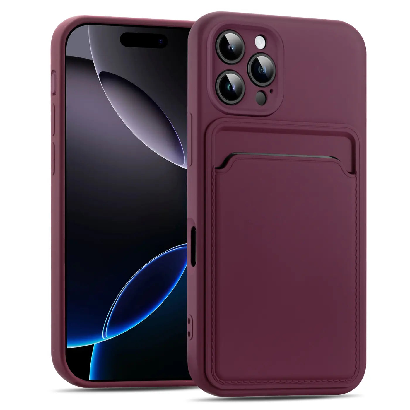 Dunkelrote Handyhülle aus Kunststoff mit Kartenfach, zeigt iPhone 16 Pro Max, von vorne/leicht schräg.