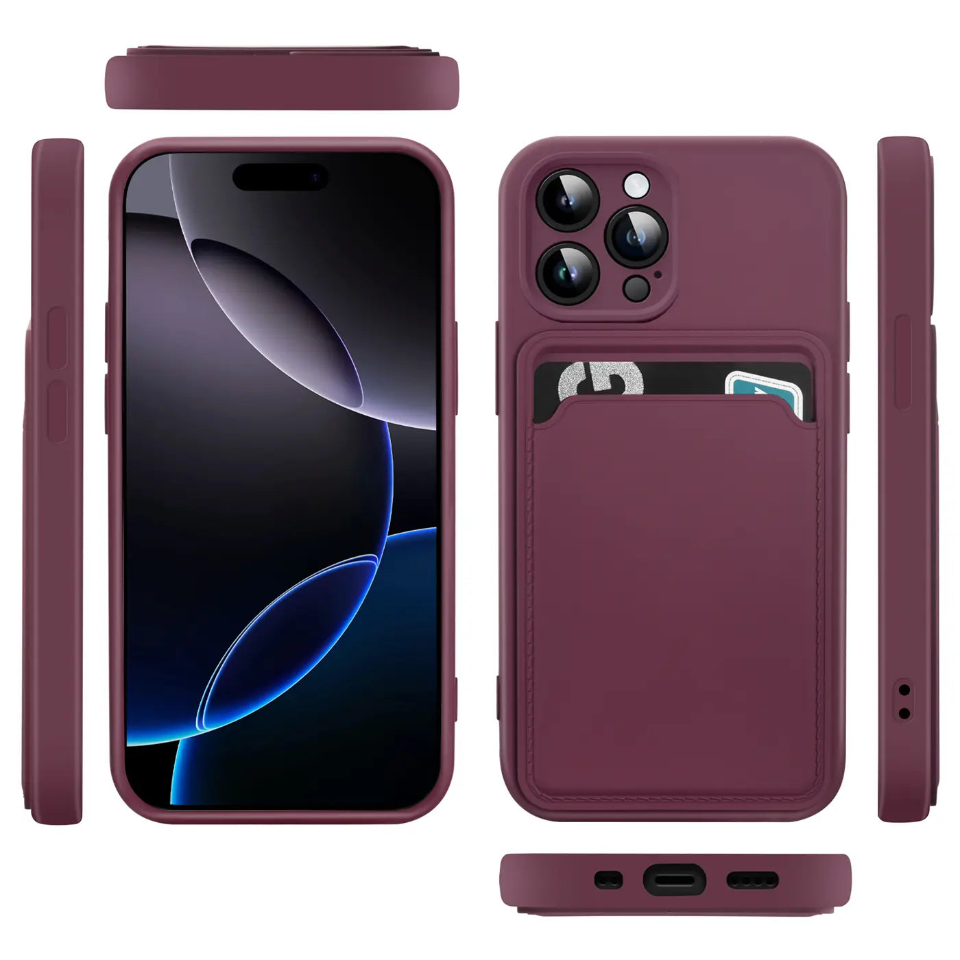 Dunkelrote Slim Hülle aus Silikon mit Kartenfach, zeigt iPhone 16 Pro Max von vorne, hinten, Seite, oben und unten.