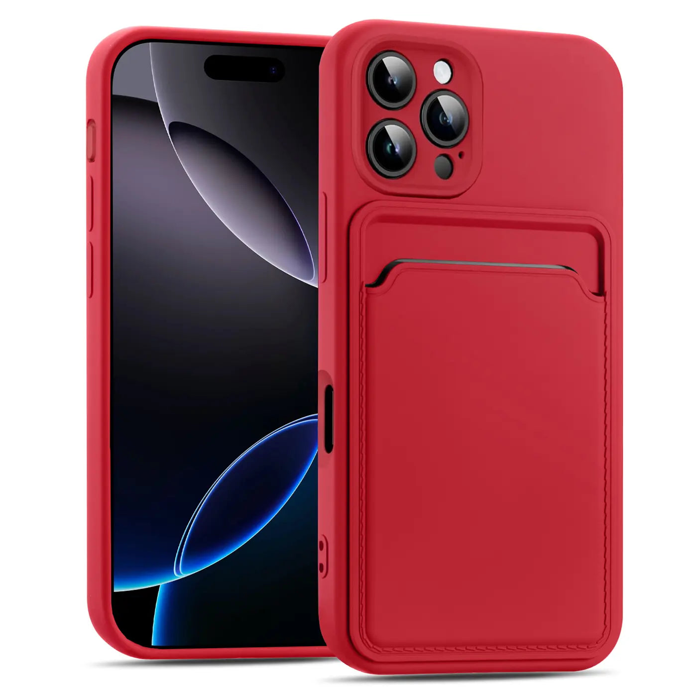 Rote Handyhülle aus Kunstleder mit Kartenfach, seitliche Ansicht, iPhone 16 Pro Max.