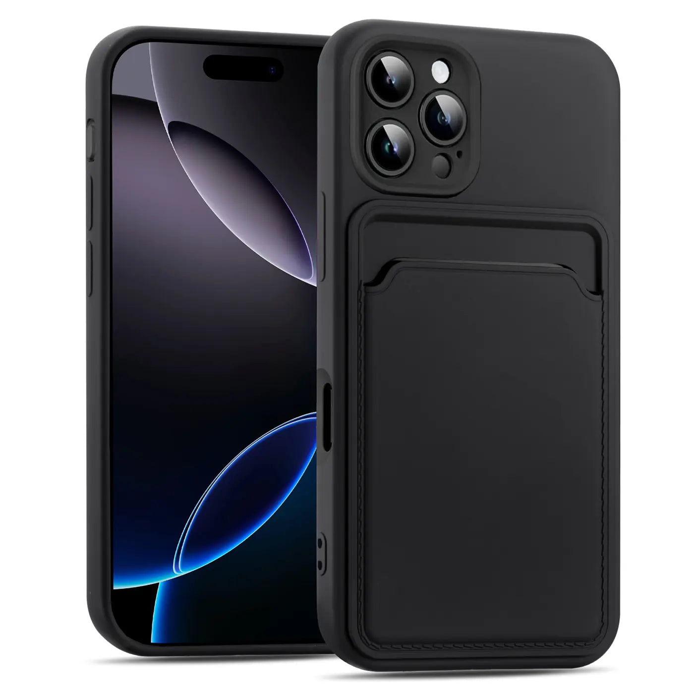 Schwarze Slim Hülle aus Kunststoff mit Kartenfach für iPhone 16 Pro Max, von vorne links gesehen.
