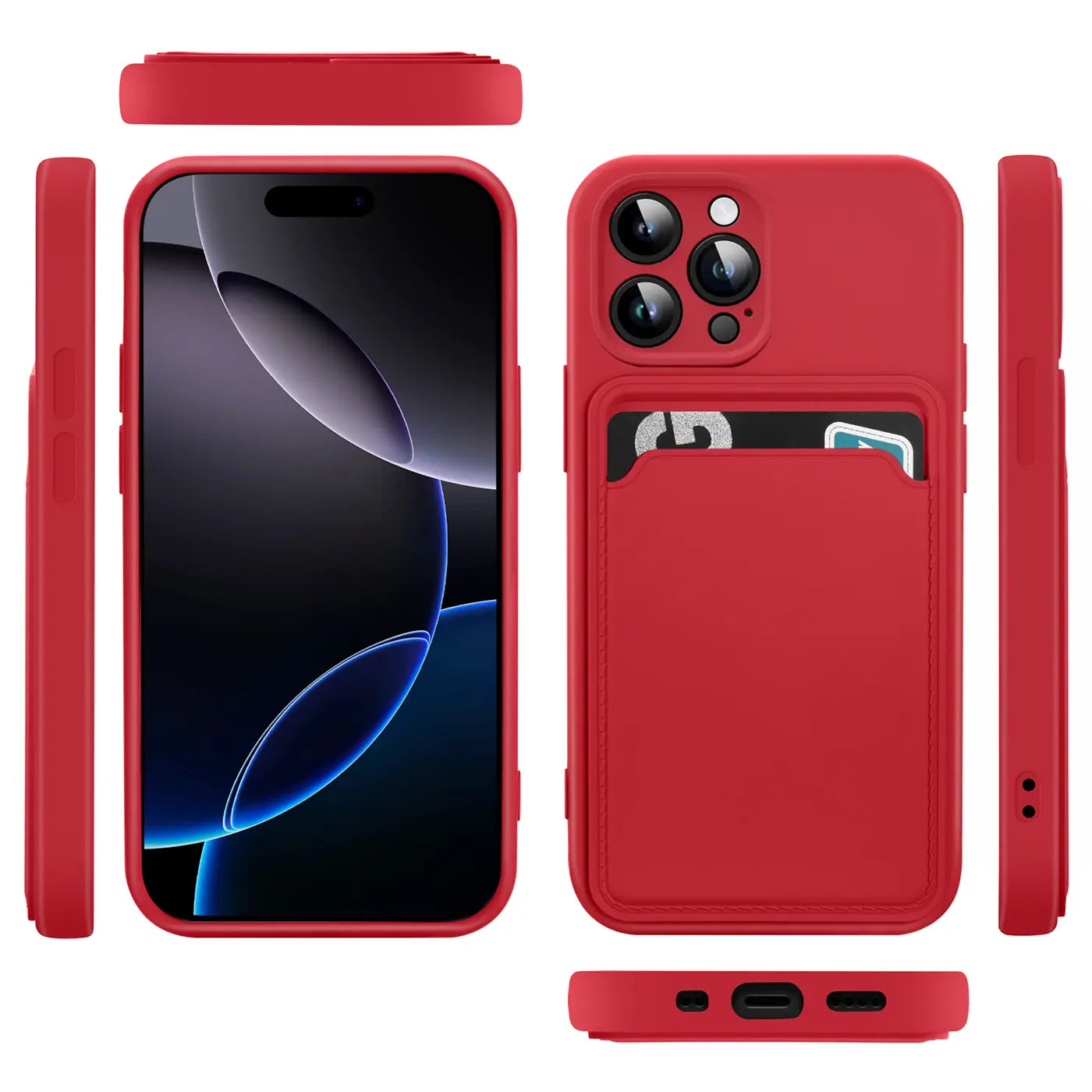 Rote Slim Hülle mit Kartenfach für iPhone 16 Pro, verschiedene Ansichten.