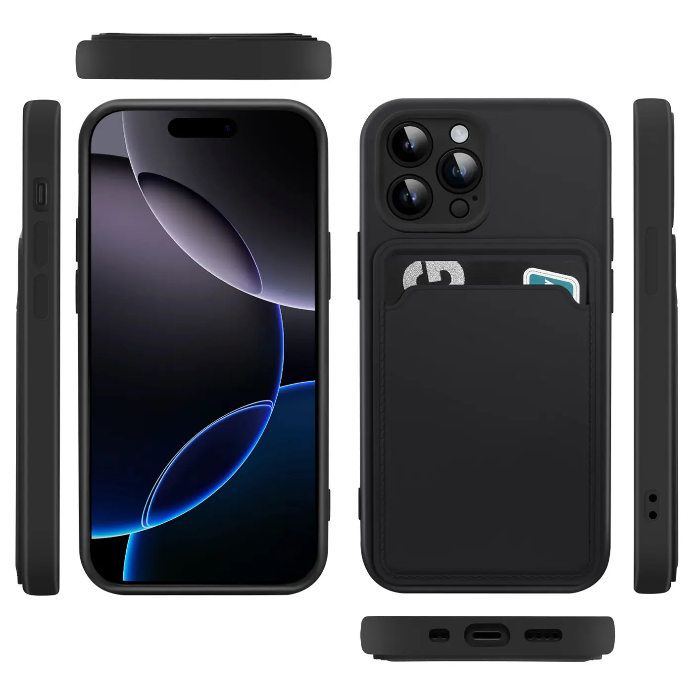 Schwarze Handyhülle aus Kunststoff mit Kartenfach für iPhone 16 Pro, verschiedene Ansichten.