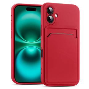 Rote Handyhülle aus Kunststoff mit Kartenfach, Vorder- und Rückansicht, iPhone 16.