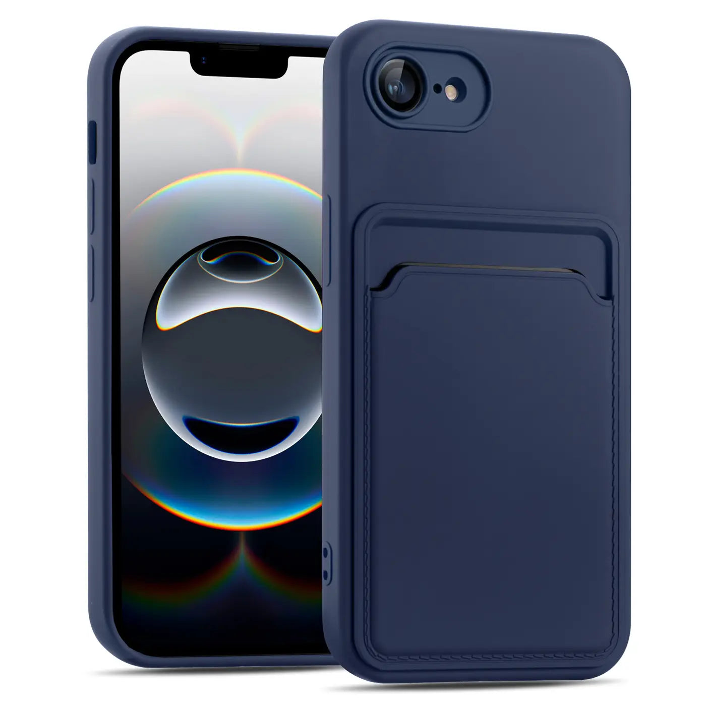 Dunkelblaue Handyhülle aus Kunststoff mit Kartenfach, Vorderansicht, iPhone 16e.