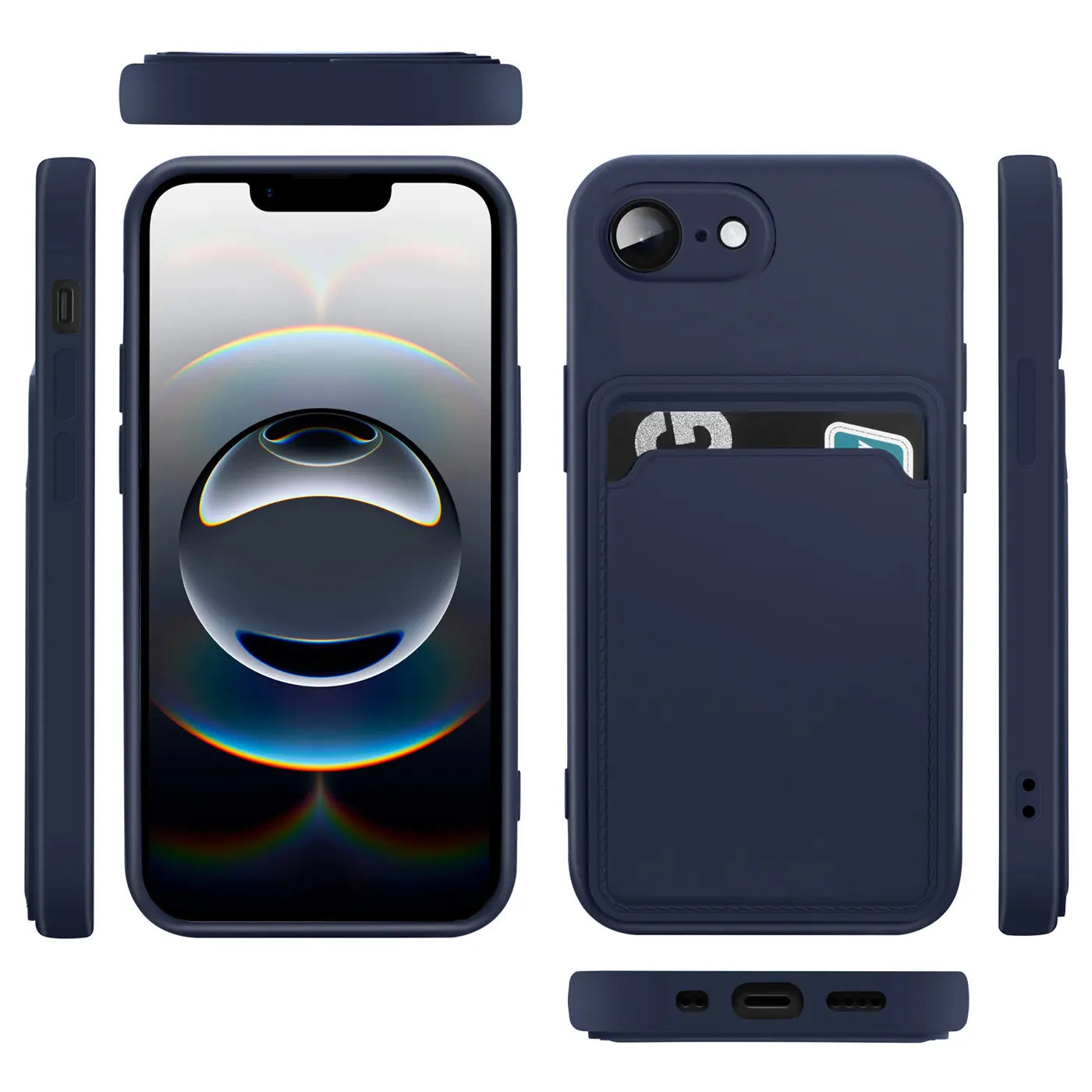Dunkelblaue Handyhülle aus Silikon mit Kartenfach, Vorder- und Rückansicht, iPhone 16e.