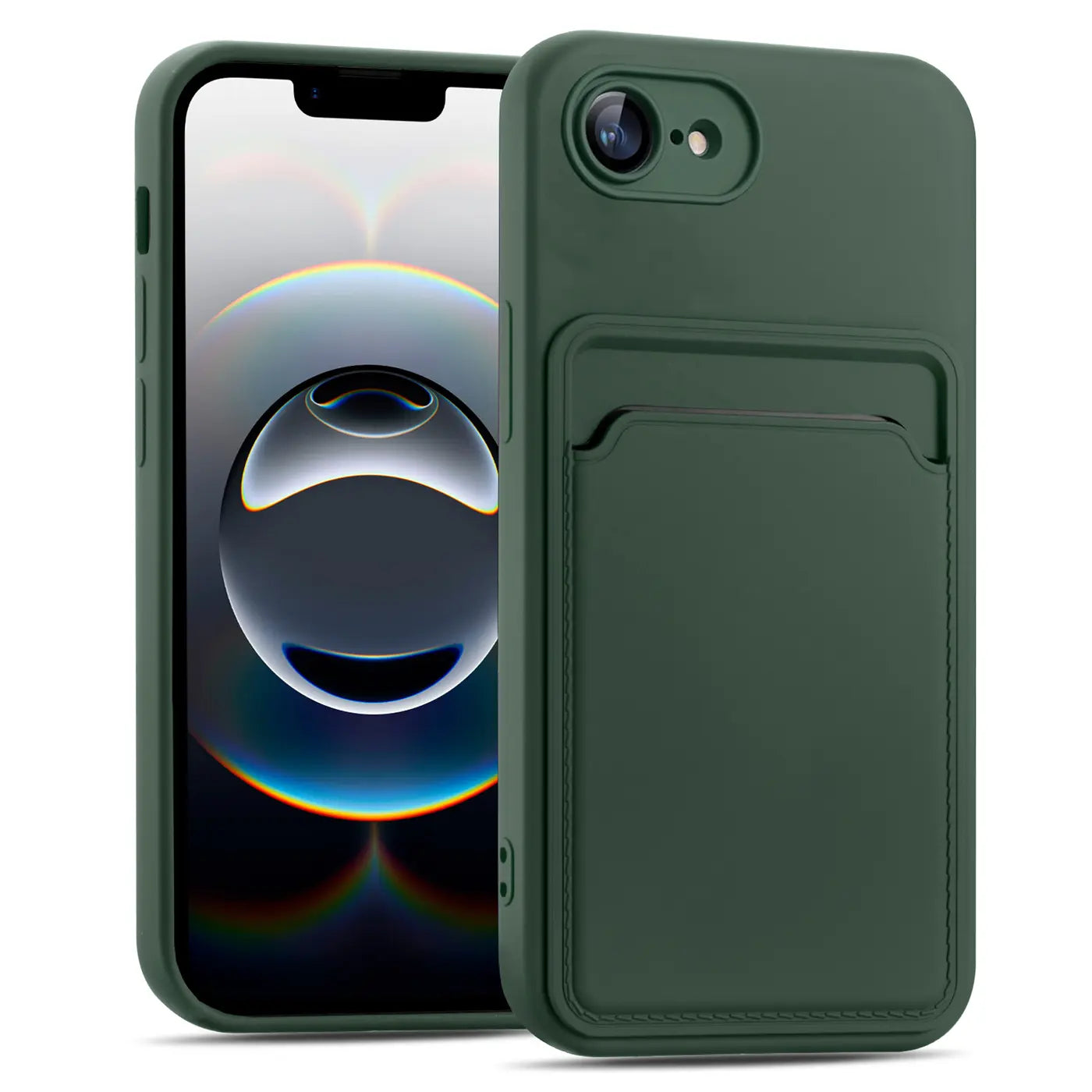 Dunkelgrüne Handyhülle aus Leder mit Kartenfach, seitliche Ansicht, zeigt ein iPhone.