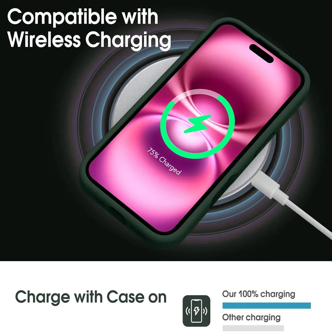 Dunkelgrüne Hülle auf iPhone 16e, wird kabellos geladen, Draufsicht.