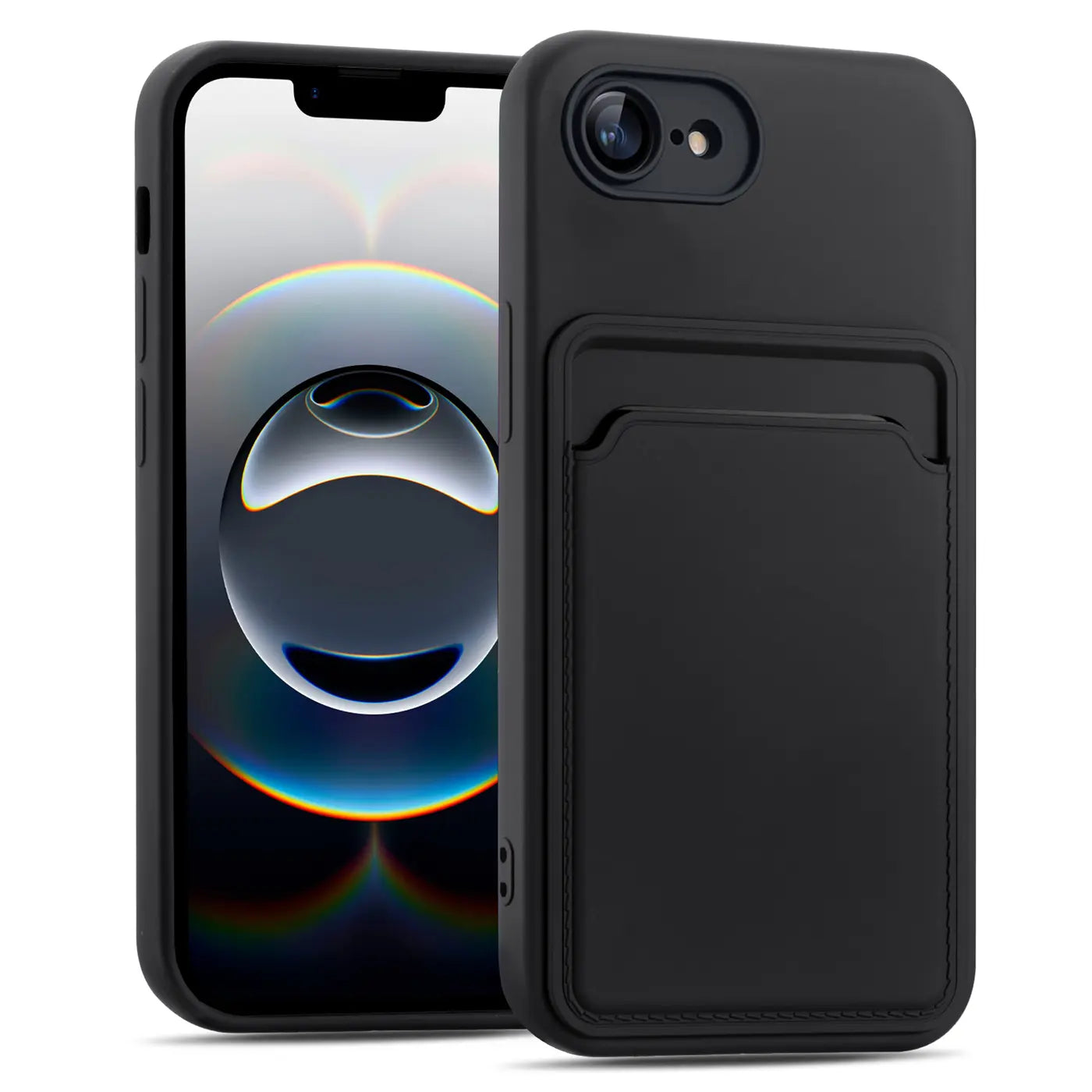 Schwarze Handyhülle aus Kunstleder mit Kartenfach, Vorderansicht, iPhone 16e.