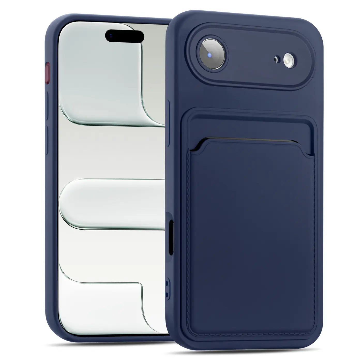 Dunkelblaue Slim Hülle aus Kunststoff mit Kartenfach, Vorder- und Rückansicht, iPhone 14 Pro.