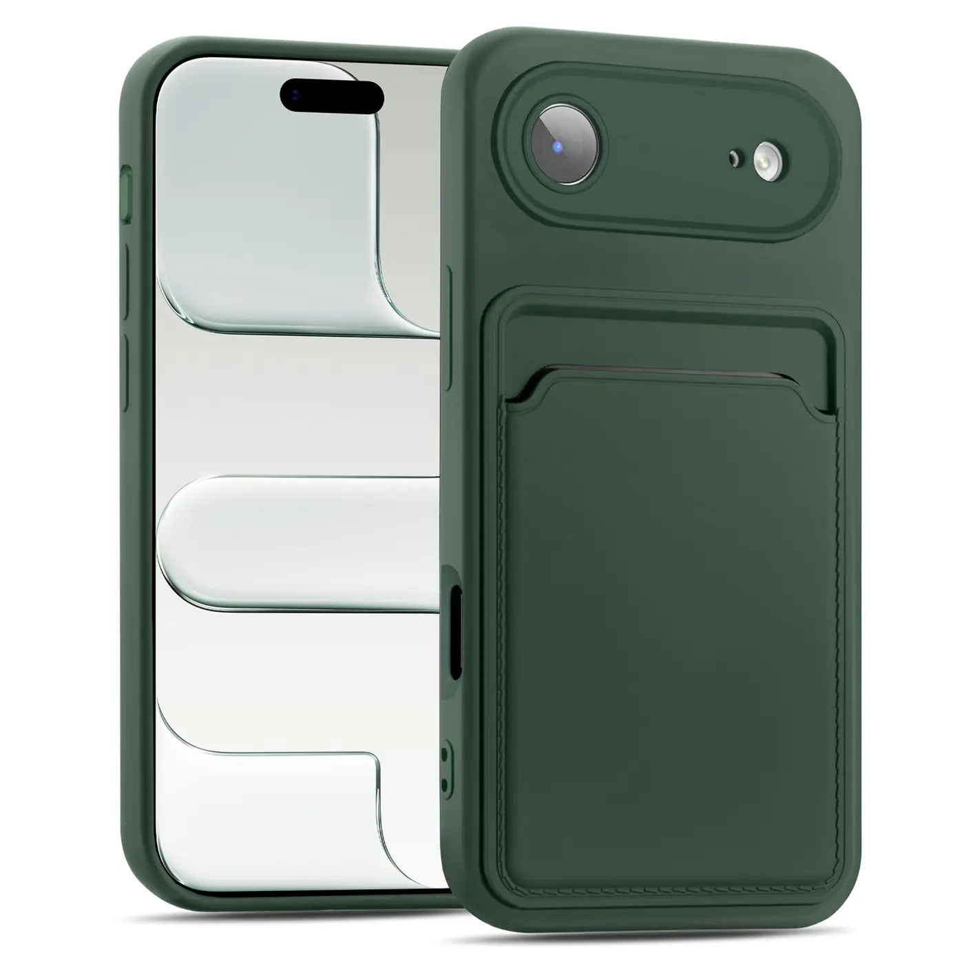 Dunkelgrüne Slim Hülle aus Kunststoff mit Kartenfach, Vorder- und Rückansicht, iPhone 14 Pro.