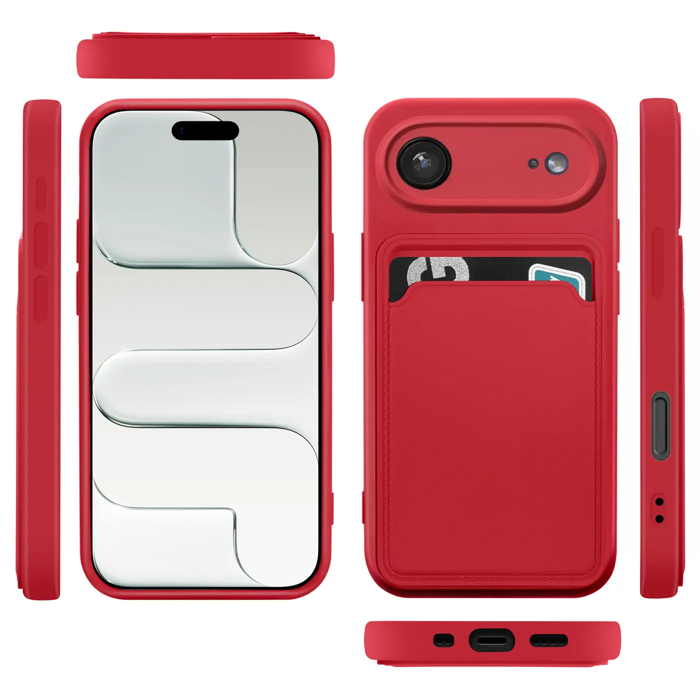 Rote Handyhülle aus Silikon mit Kartenfach, verschiedene Ansichten, iPhone-Display sichtbar.