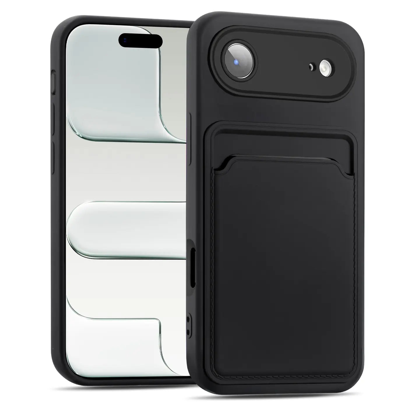 Schwarze Handyhülle aus Kunststoff mit Kartenfach, Vorder- und Rückansicht, iPhone-Display.