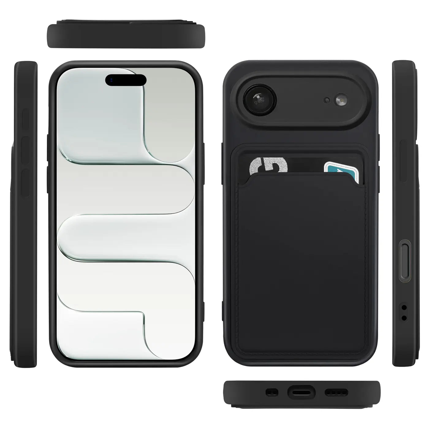 Schwarze Hülle aus Kunststoff mit Kartenfach, Vorder- und Rückansicht, iPhone 14 Pro.