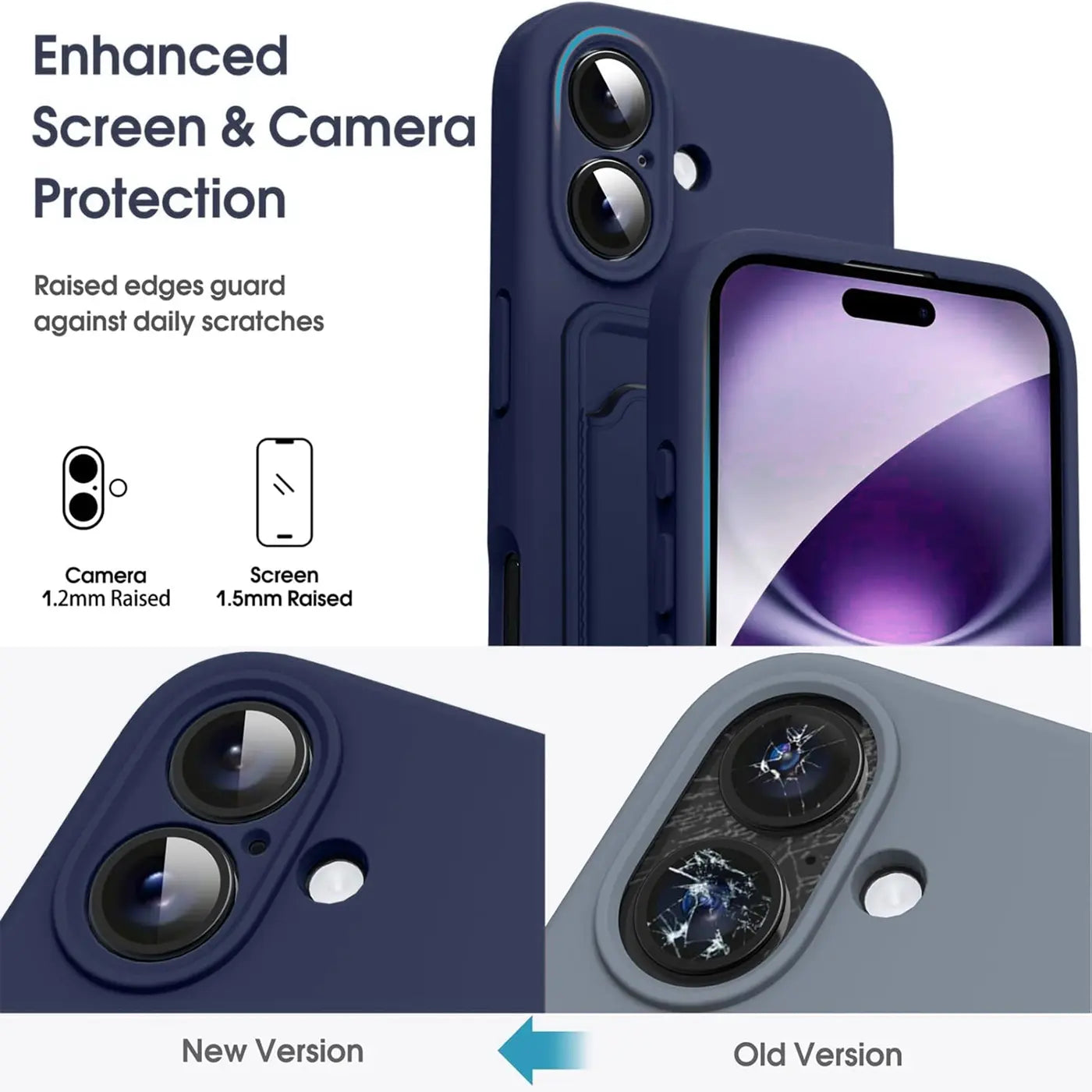 Dunkelblaue Handyhülle aus Kunststoff mit Kartenfach, zeigt iPhone 14 Pro Max, Nahaufnahme