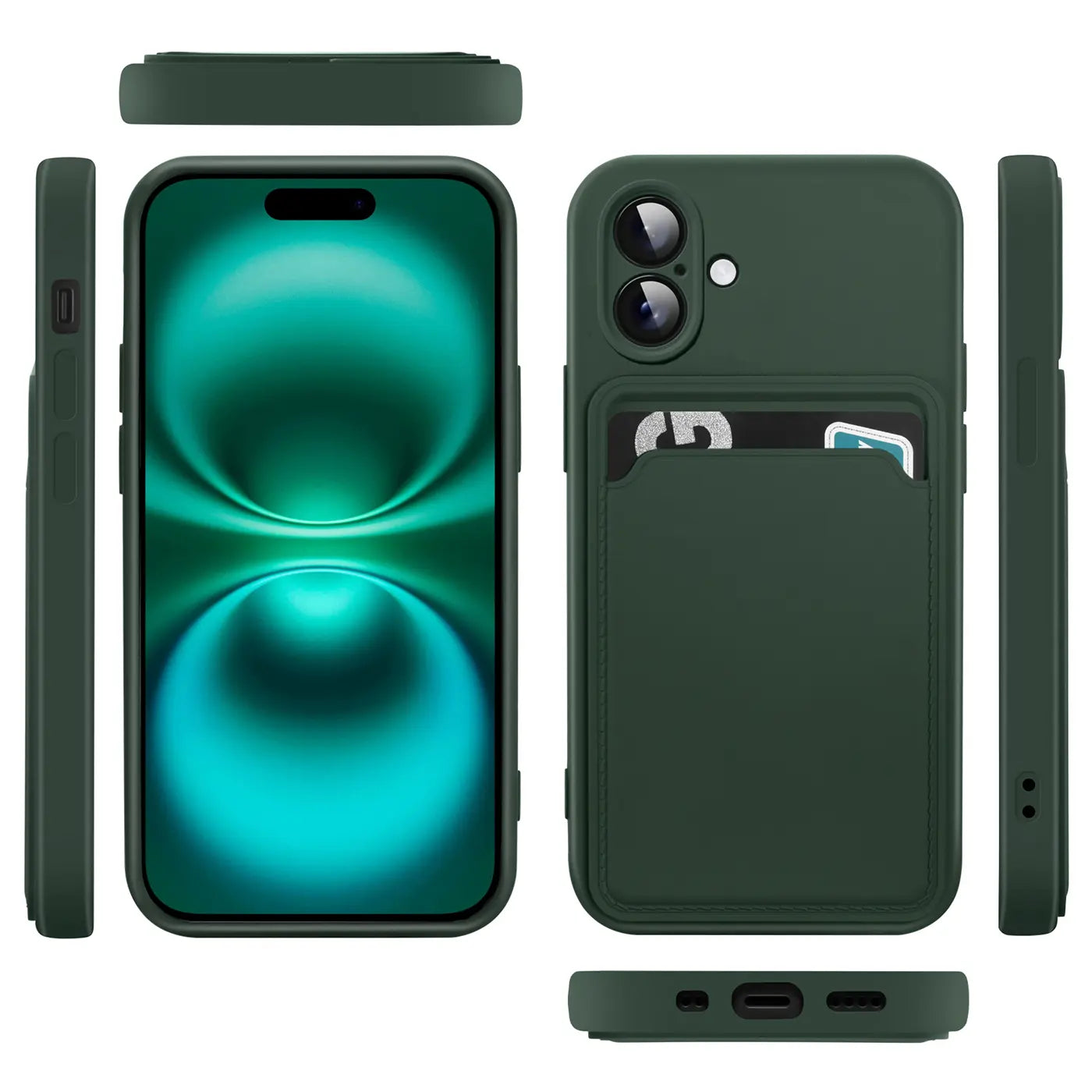 Dunkelgrüne Handyhülle aus Silikon mit Kartenfach für iPhone 17, verschiedene Ansichten.