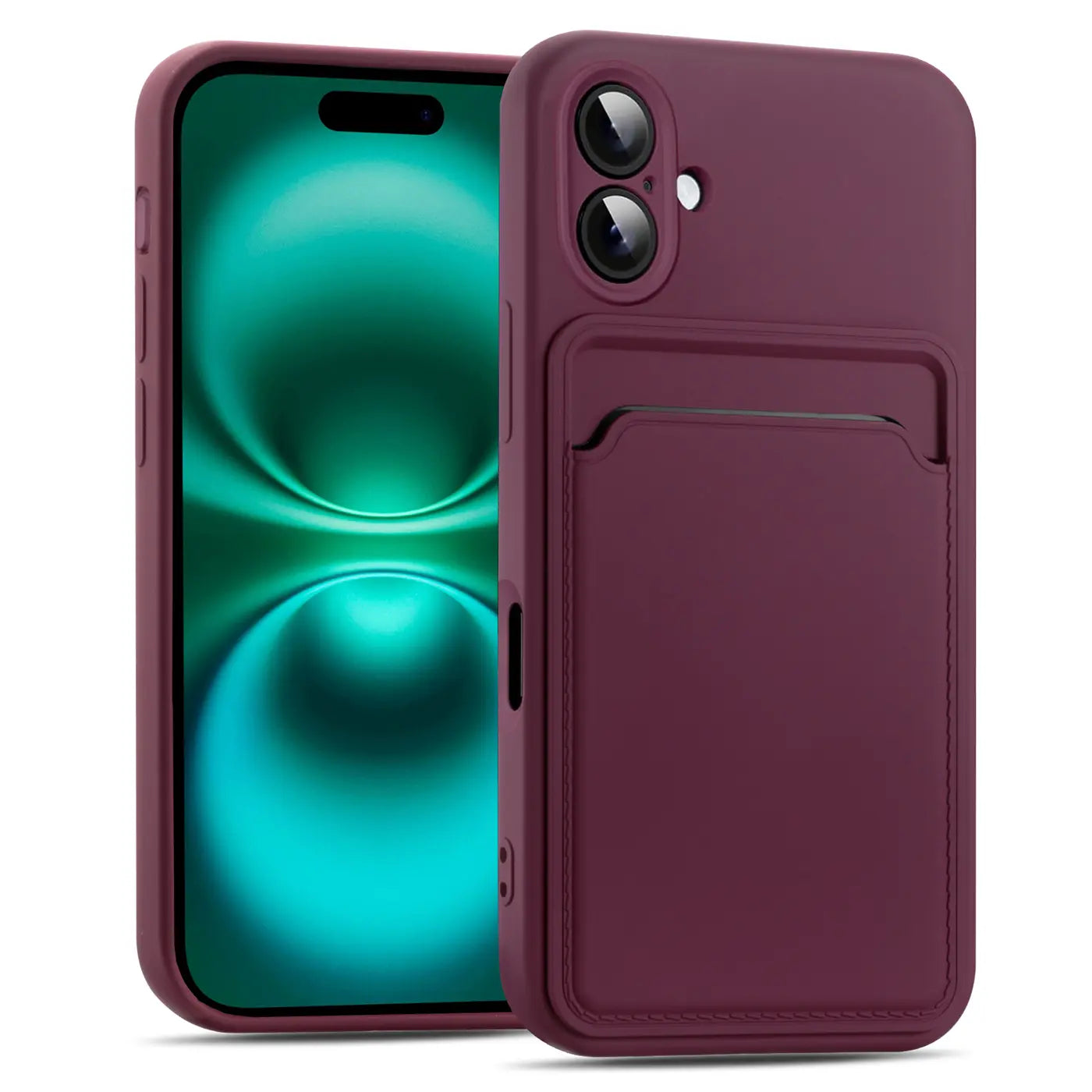 Dunkelrote Slim Hülle aus Silikon mit Kartenfach, zeigt iPhone 17, von vorne/seitlich.