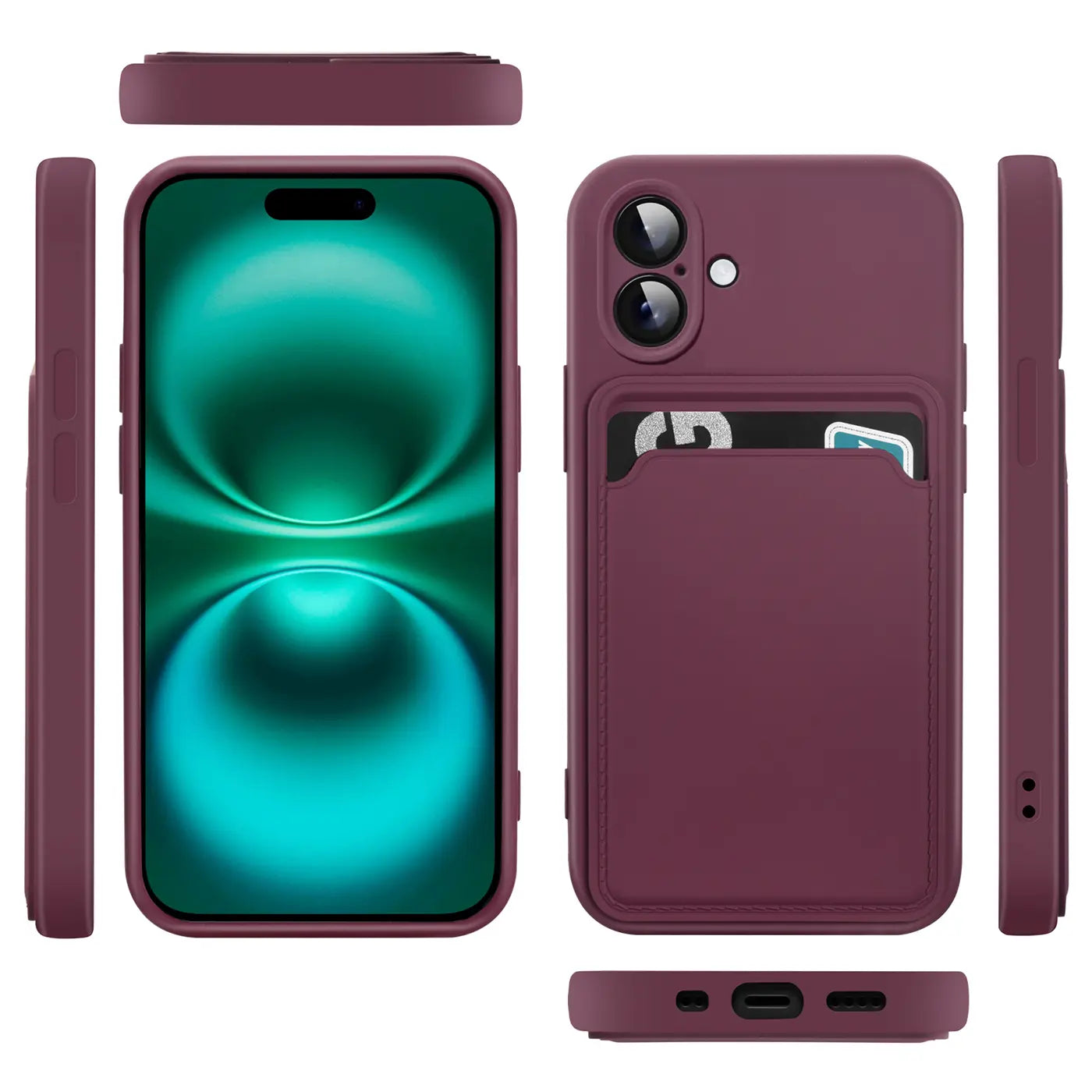Dunkelrote Slim Hülle aus Silikon mit Kartenfach für iPhone 17, verschiedene Ansichten.