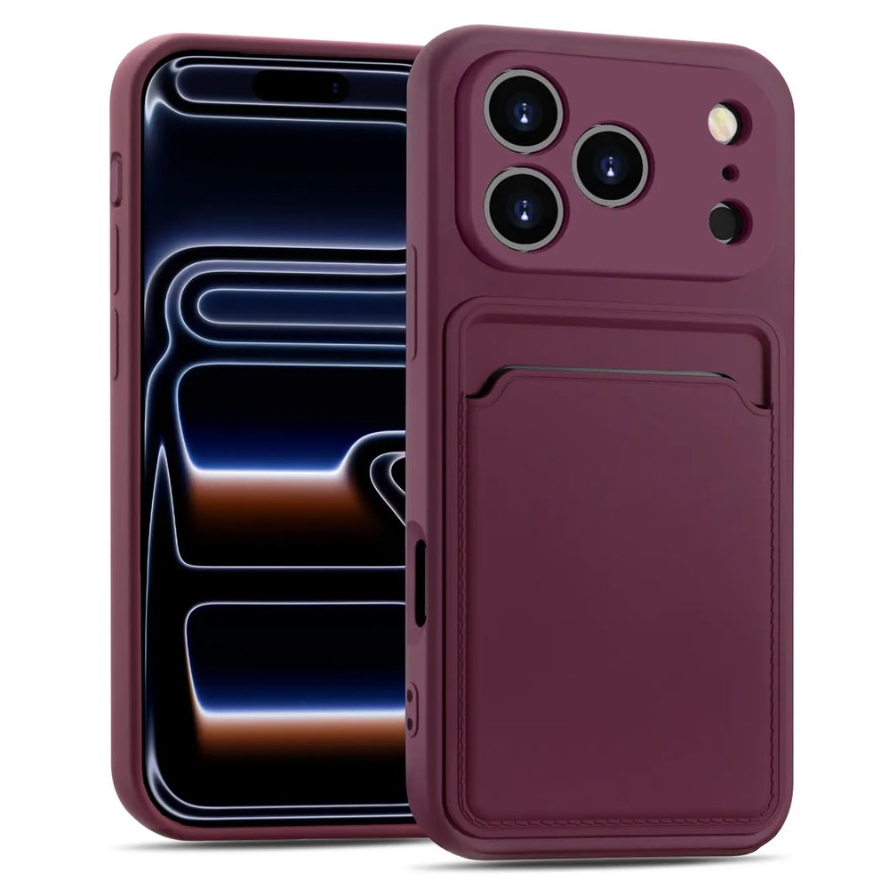Dunkelrote Handyhülle aus Kunststoff mit Kartenfach, Vorder- und Rückansicht, iPhone 17 Pro.