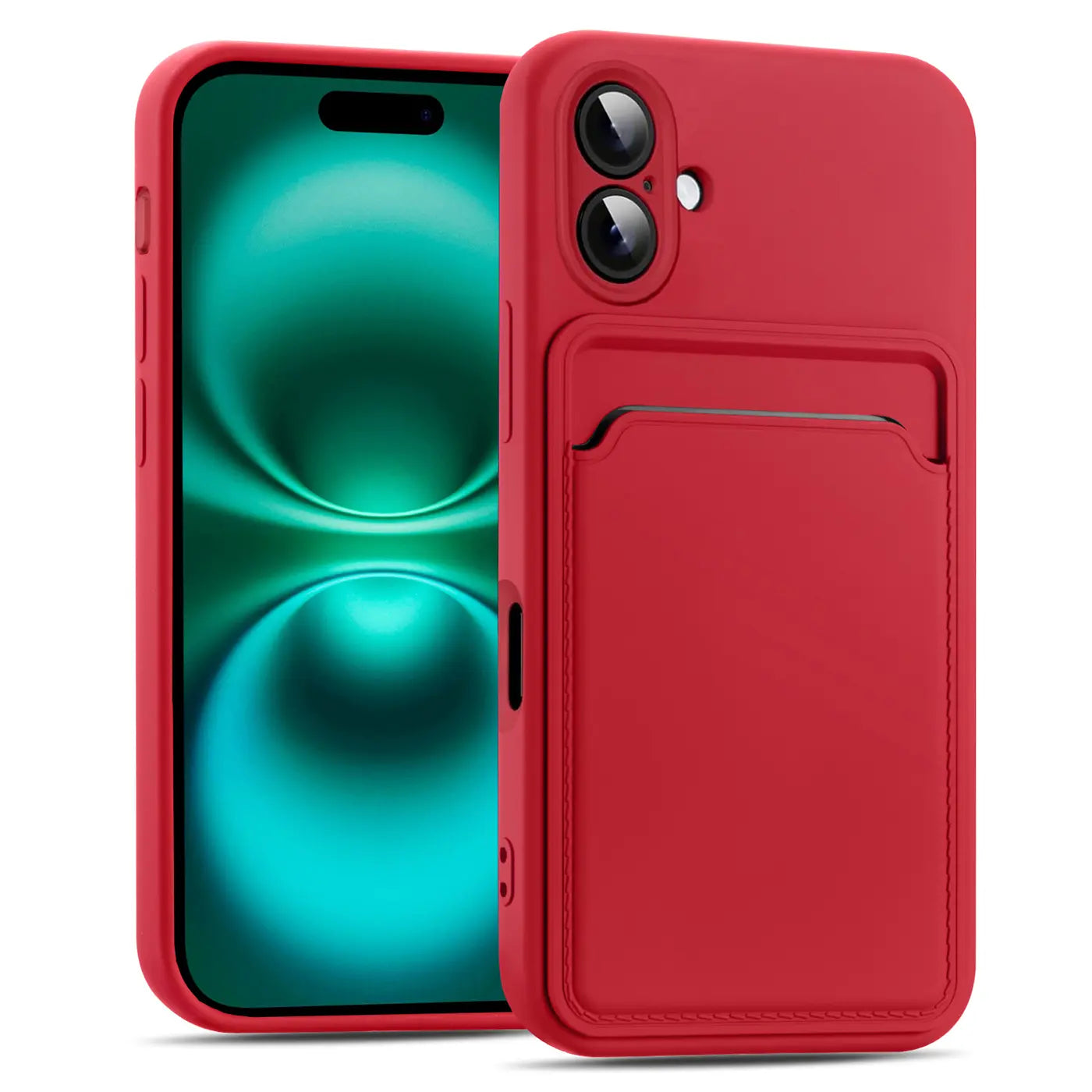 Rote Handyhülle aus Kunststoff mit Kartenfach, Vorderansicht, iPhone 17 erkennbar.