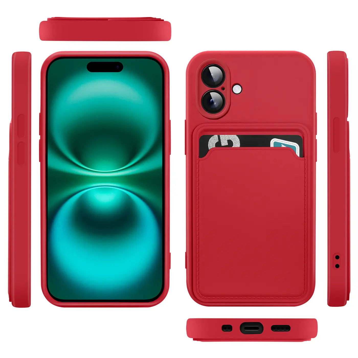 Rote Handyhülle aus Silikon mit Kartenfach, Vorder- und Rückansicht, iPhone 17.