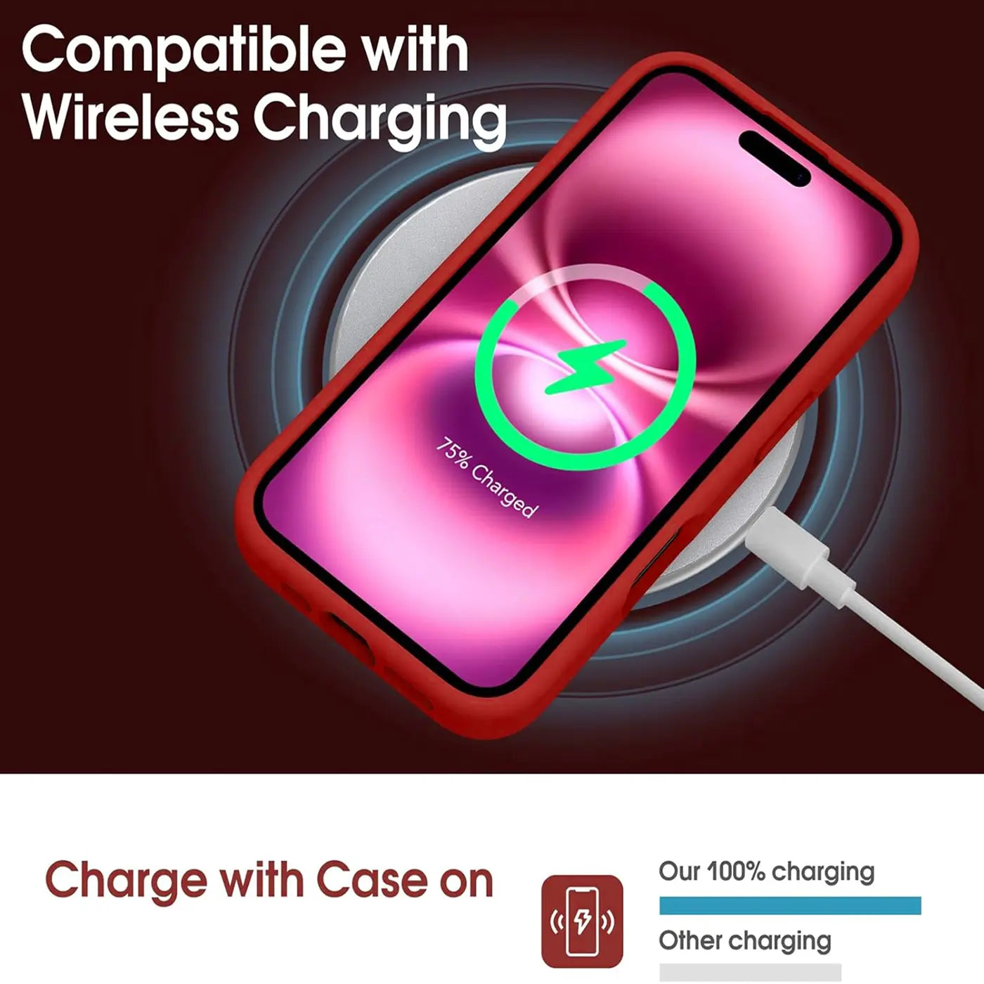 Rote Hülle auf iPhone 17 lädt kabellos. Draufsicht.