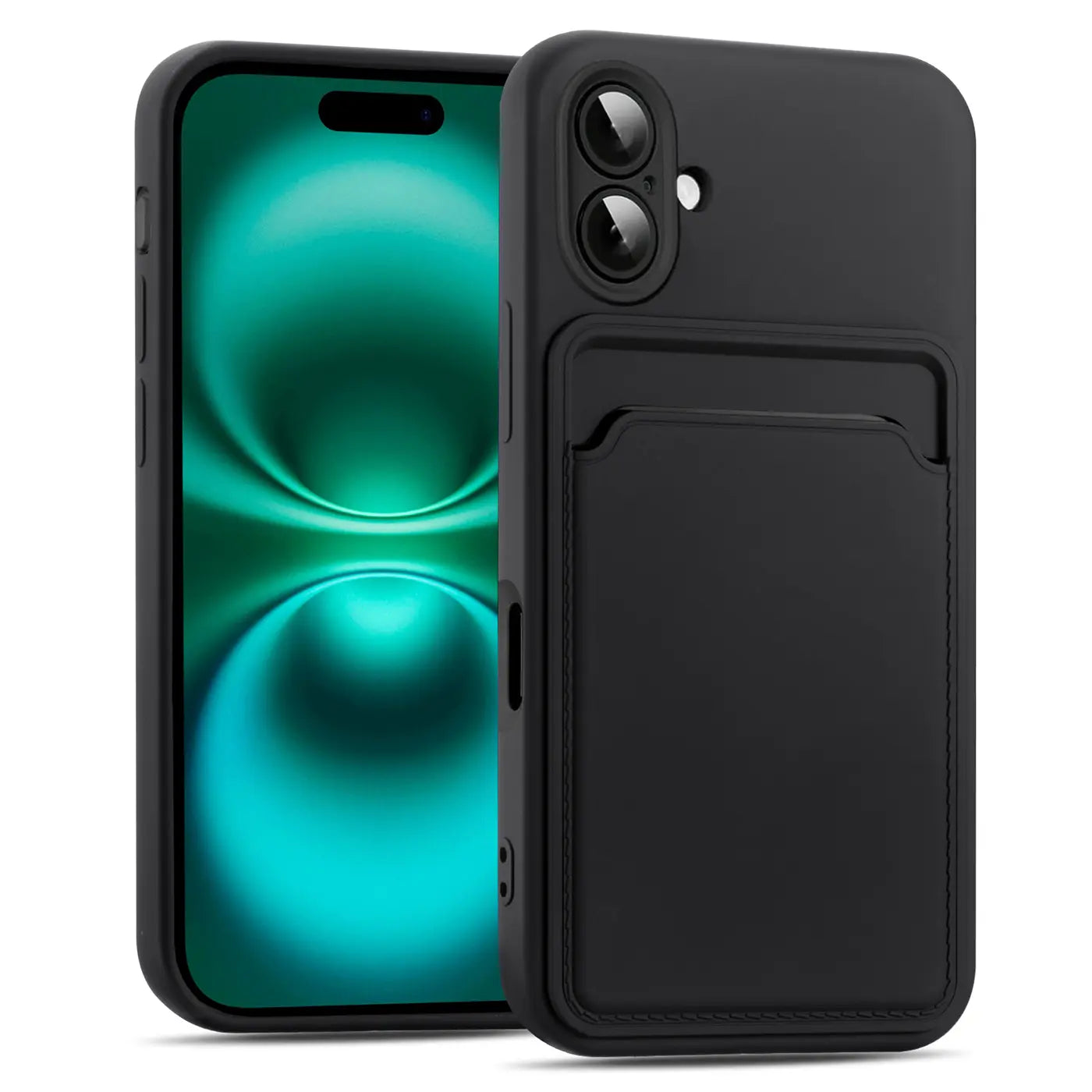 Schwarze Slim Hülle aus Kunststoff mit Kartenfach, von vorne links, mit iPhone 14 Pro.