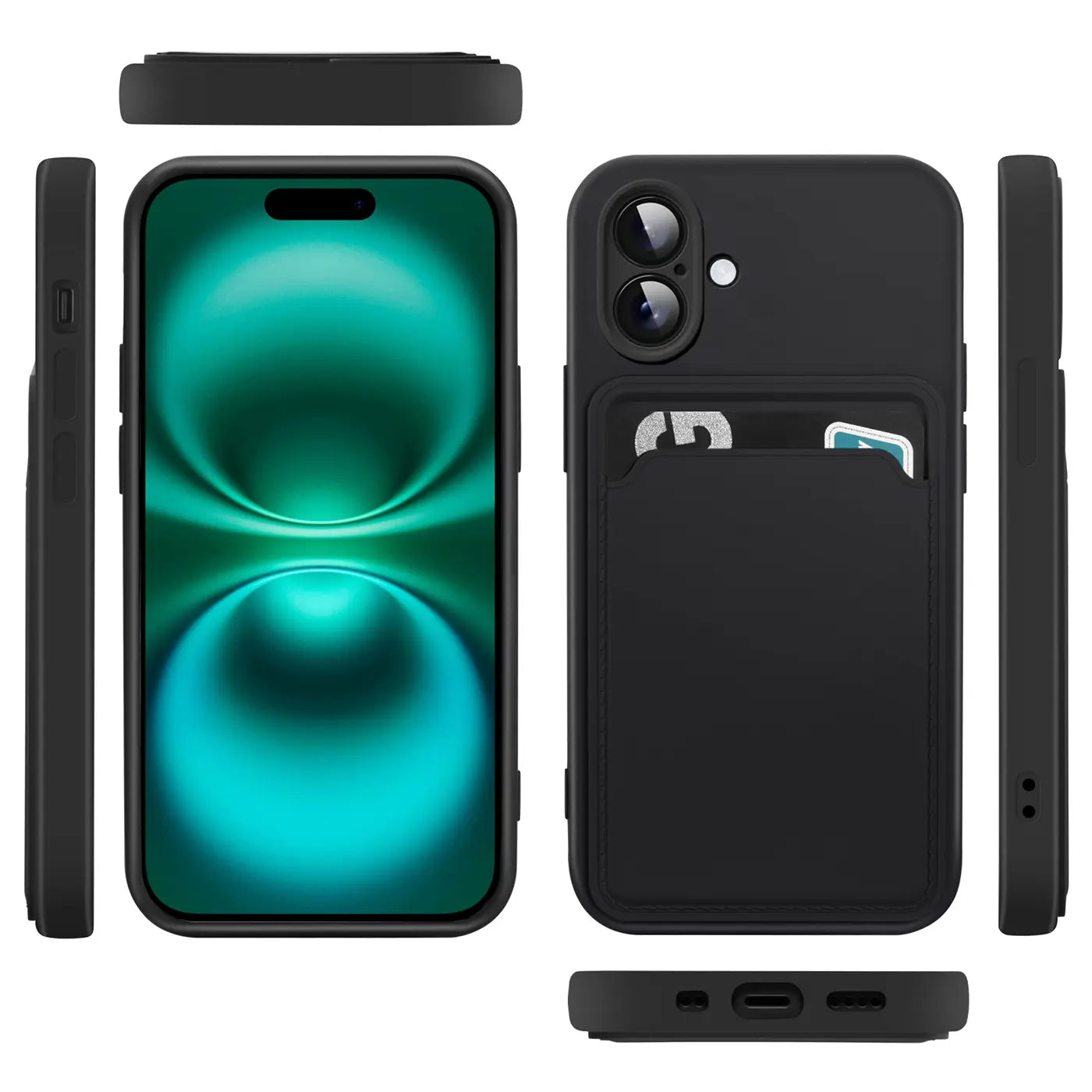 Schwarze Handyhülle aus Silikon mit Kartenfach, Vorder-, Rück- und Seitenansicht, iPhone 14 Pro.