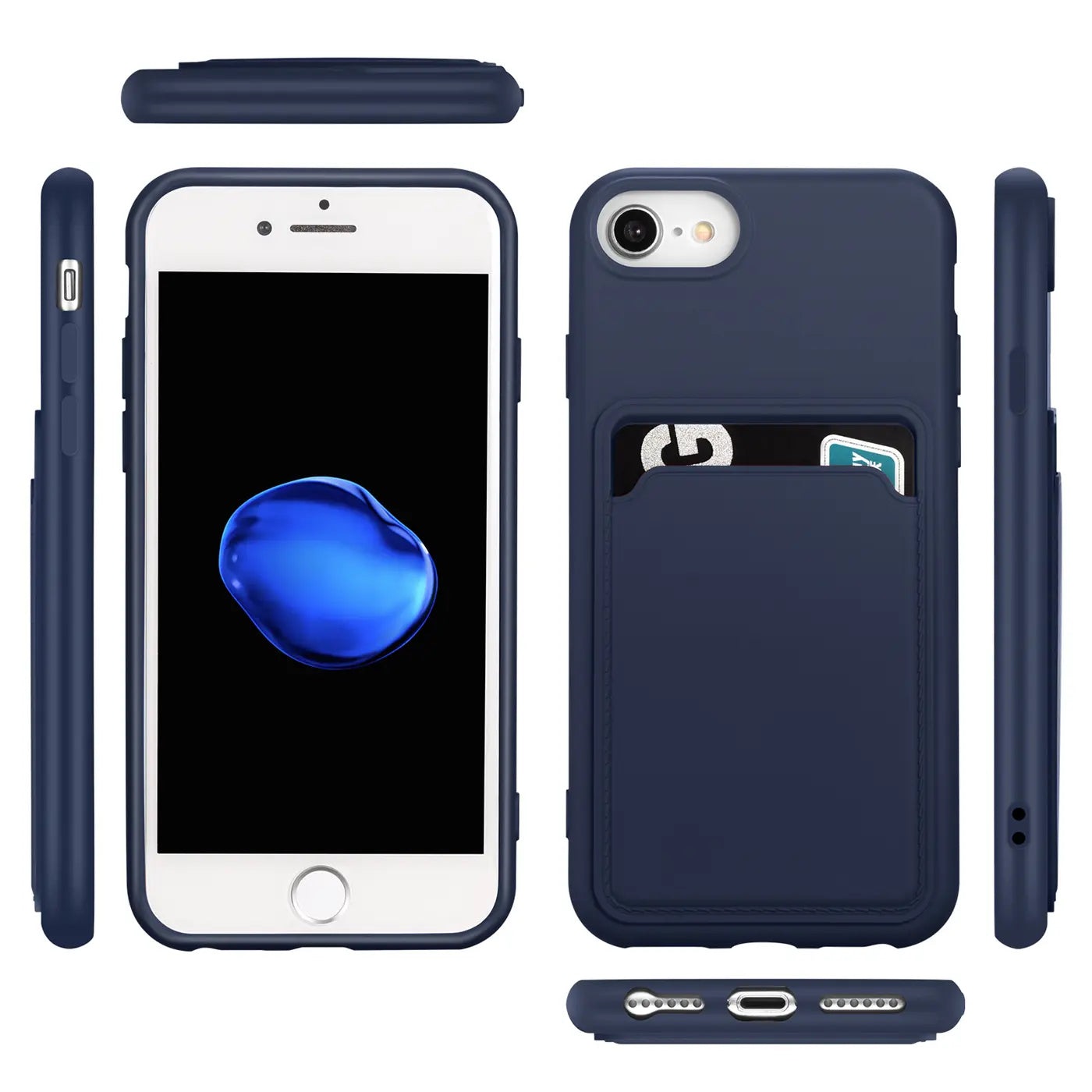 Dunkelblaue Slim Hülle aus Kunststoff mit Kartenfach, zeigt iPhone 7/8/SE 2/SE 3 von vorne, Seite, Rückseite, oben, unten.