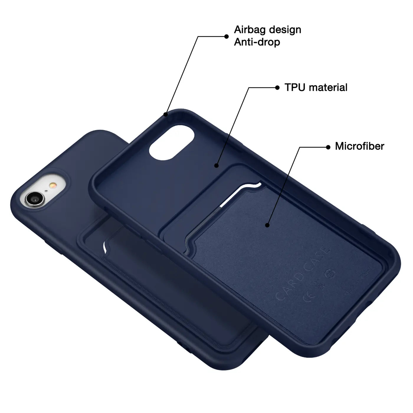 Dunkelblaue TPU-Hülle mit Kartenfach, von schräg oben auf ein iPhone 7/8/SE gelegt.