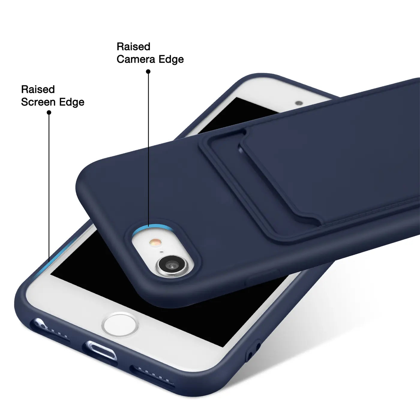 Dunkelblaue Slim Hülle aus Kunststoff mit Kartenfach, zeigt iPhone 7/8/SE, von oben.