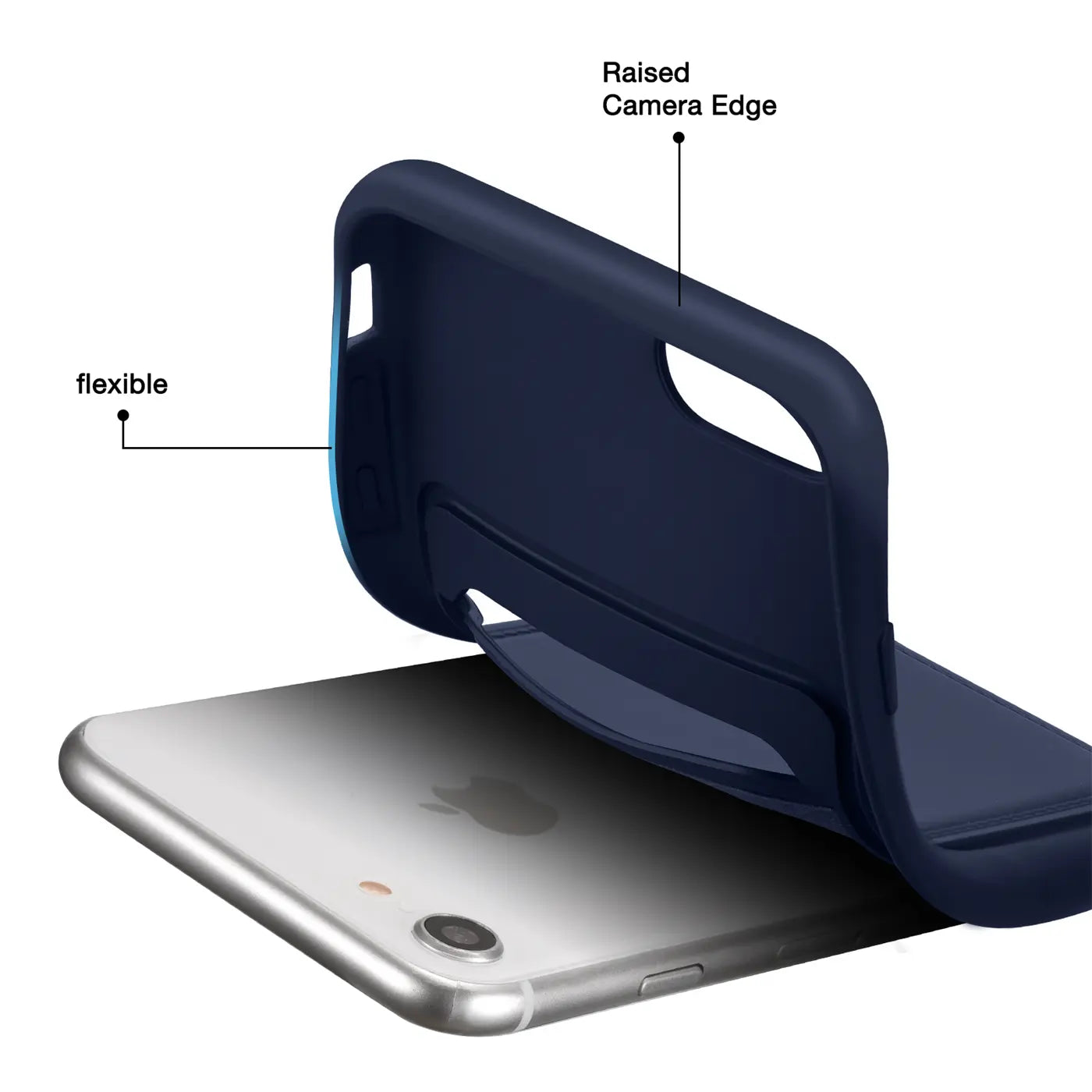 Dunkelblaue, flexible Hülle wird auf silbernes iPhone 7/8/SE gelegt.