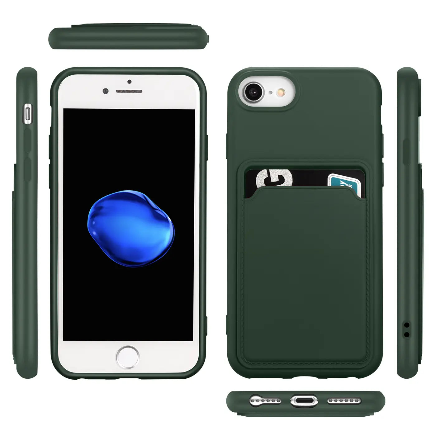 Dunkelgrüne Slim Hülle aus Kunststoff mit Kartenfach, zeigt iPhone 7/8/SE, verschiedene Ansichten.