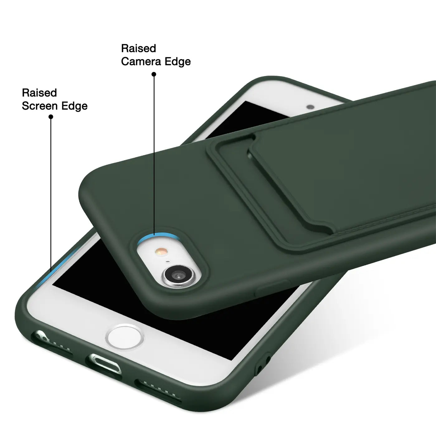 Dunkelgrüne Slim Hülle aus Kunststoff mit Kartenfach, über iPhone 7/8/SE, von oben schräg fotografiert.