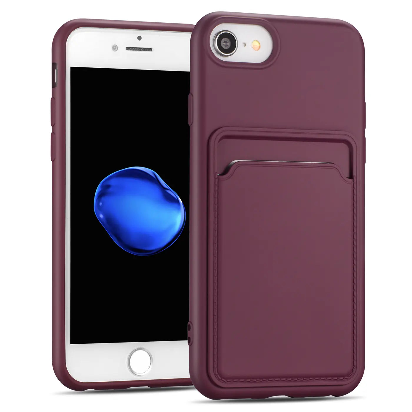 Dunkelrote Slim Hülle aus Kunstleder mit Kartenfach für iPhone 7/8/SE, Vorderansicht.