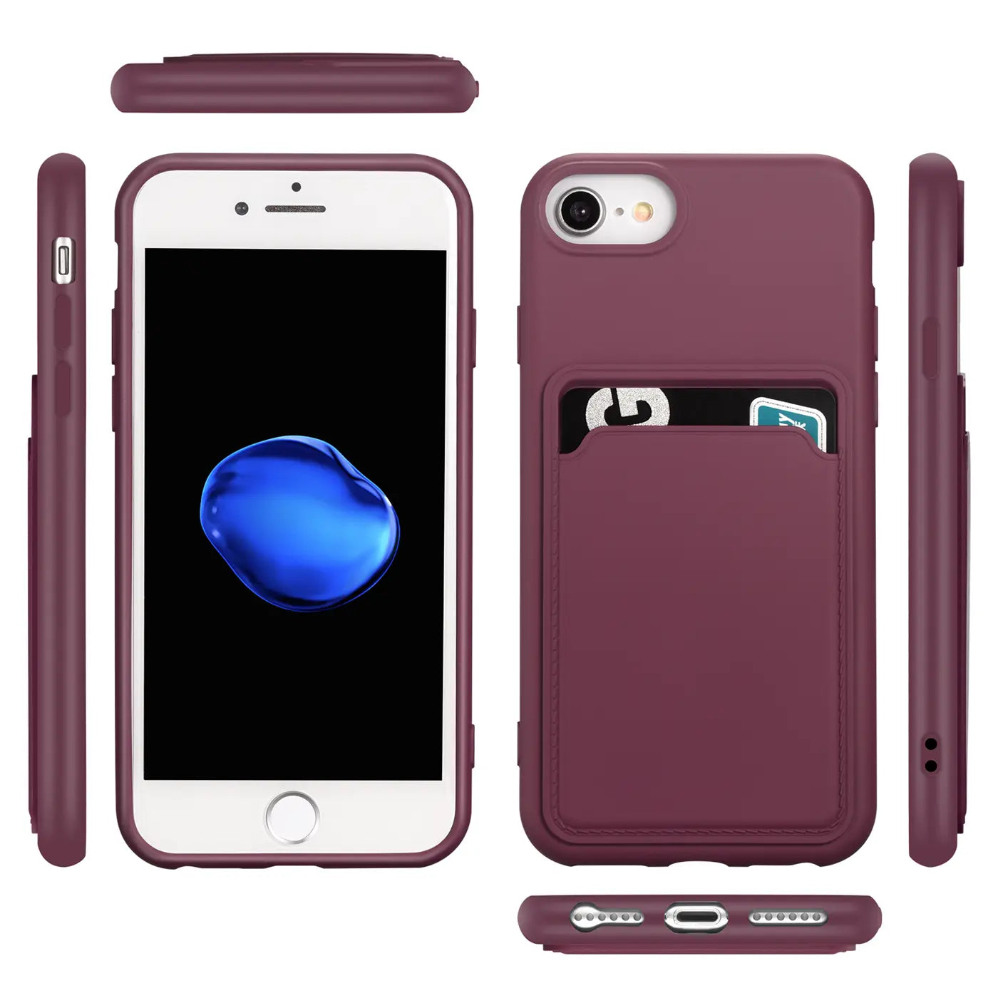 Dunkelrote Slim Hülle mit Kartenfach für iPhone 7/8/SE, verschiedene Ansichten.