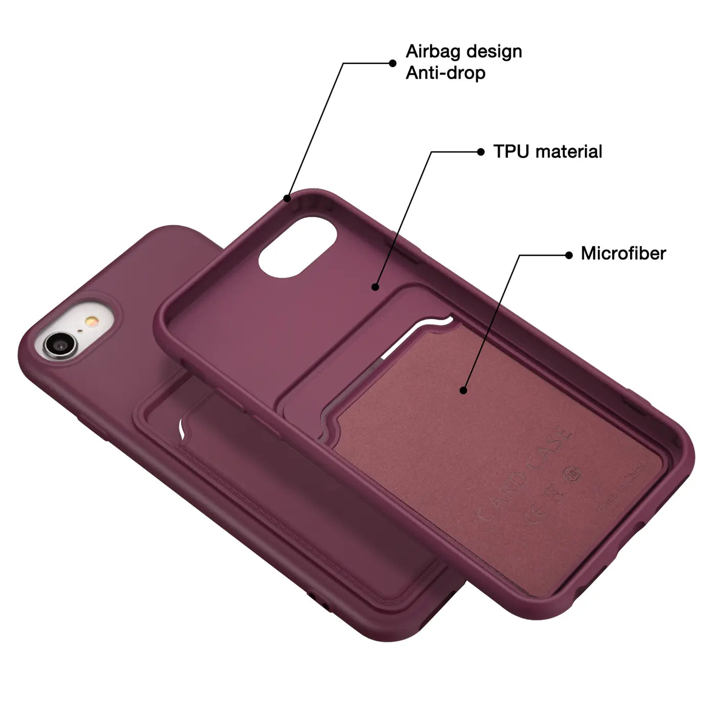 Dunkelrote TPU-Hülle mit Kartenfach für iPhone 7/8/SE, von oben schräg gezeigt.