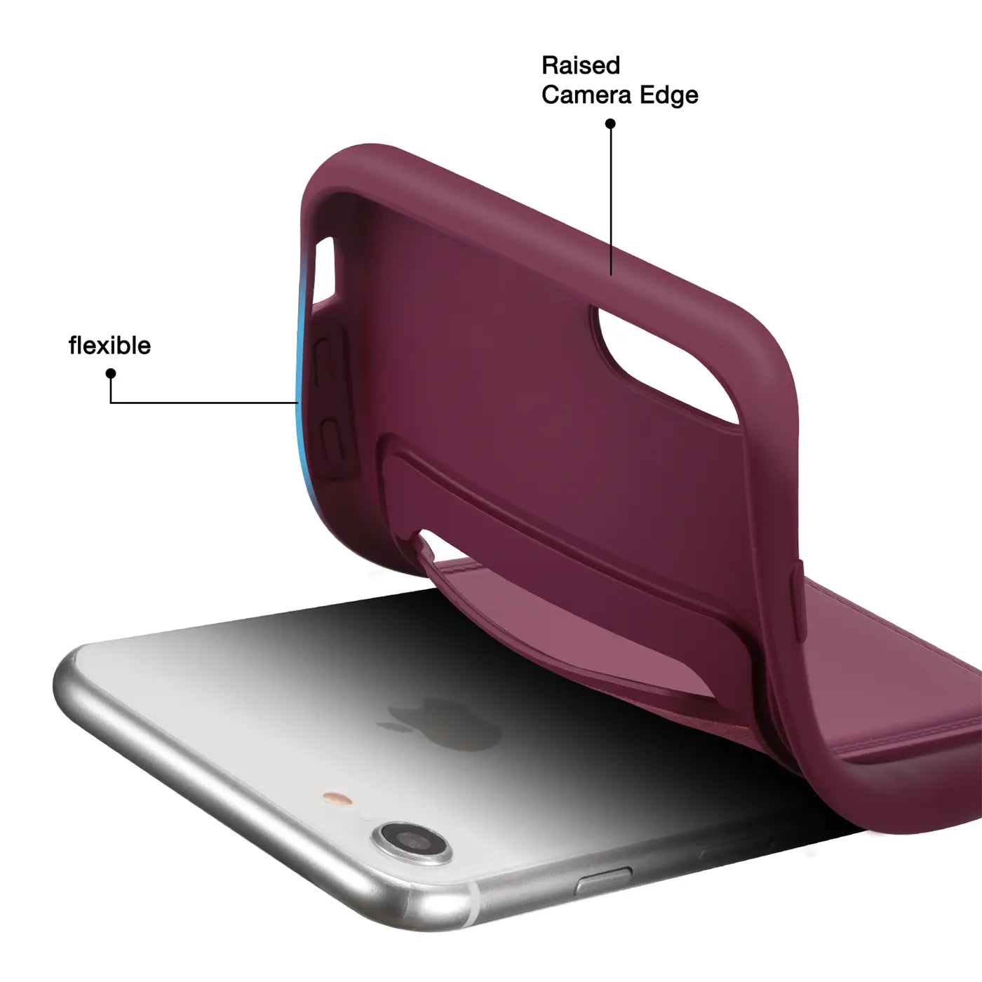 Bordeauxrote flexible Hülle wird über ein silbernes iPhone 7/8/SE gelegt.