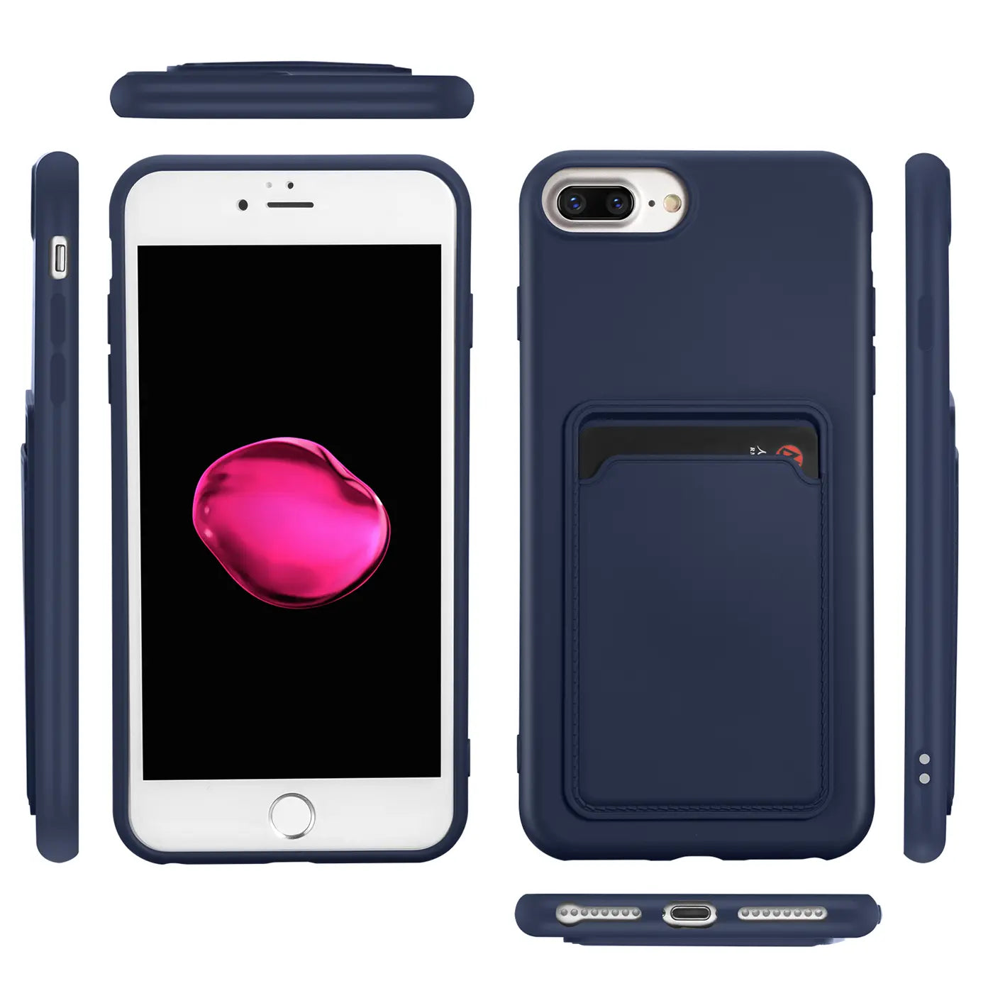 Dunkelblaue Handyhülle mit Kartenfach für iPhone 7 Plus/8 Plus, verschiedene Ansichten