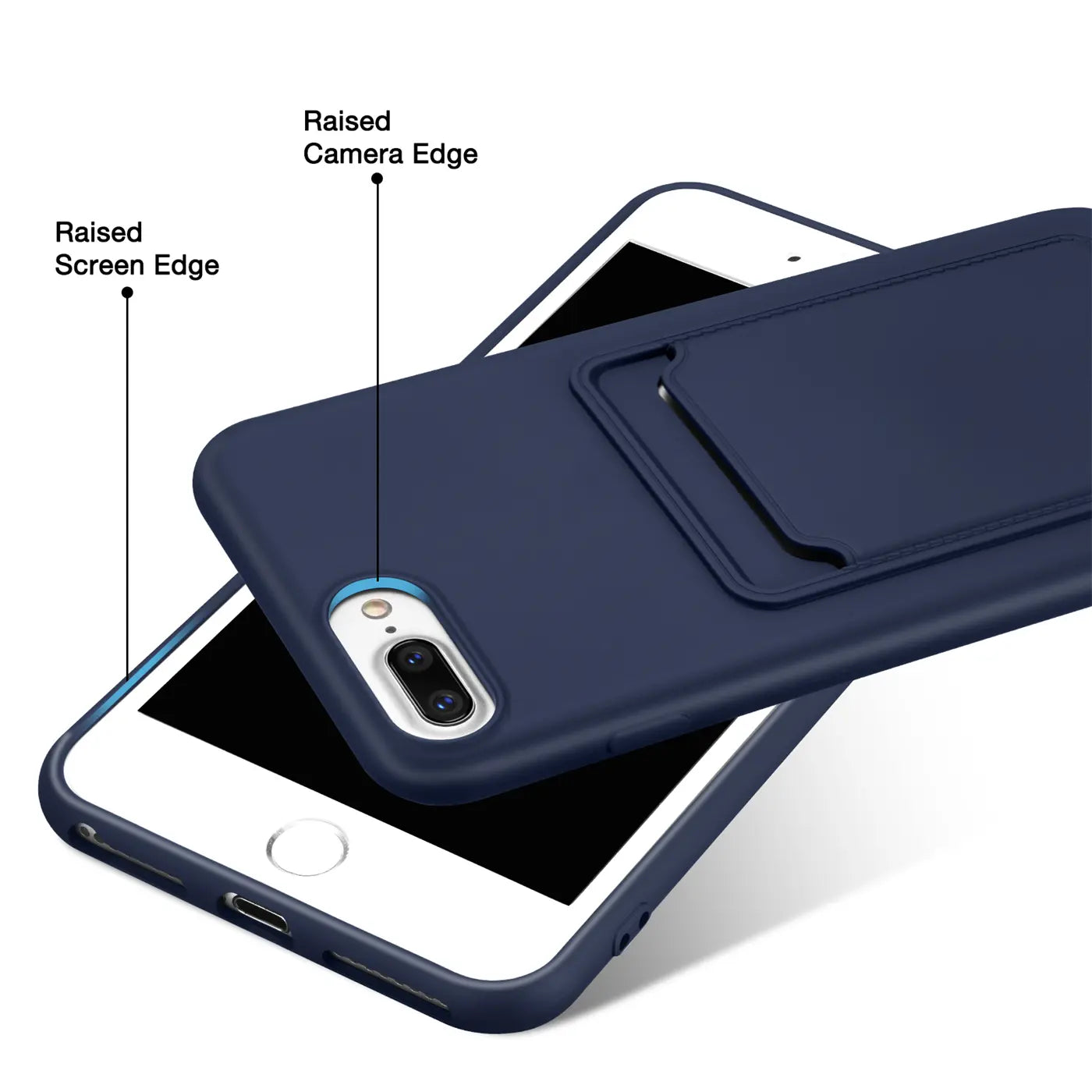 Dunkelblaue Slim Hülle mit Kartenfach, auf iPhone 7 Plus/8 Plus liegend, von oben rechts