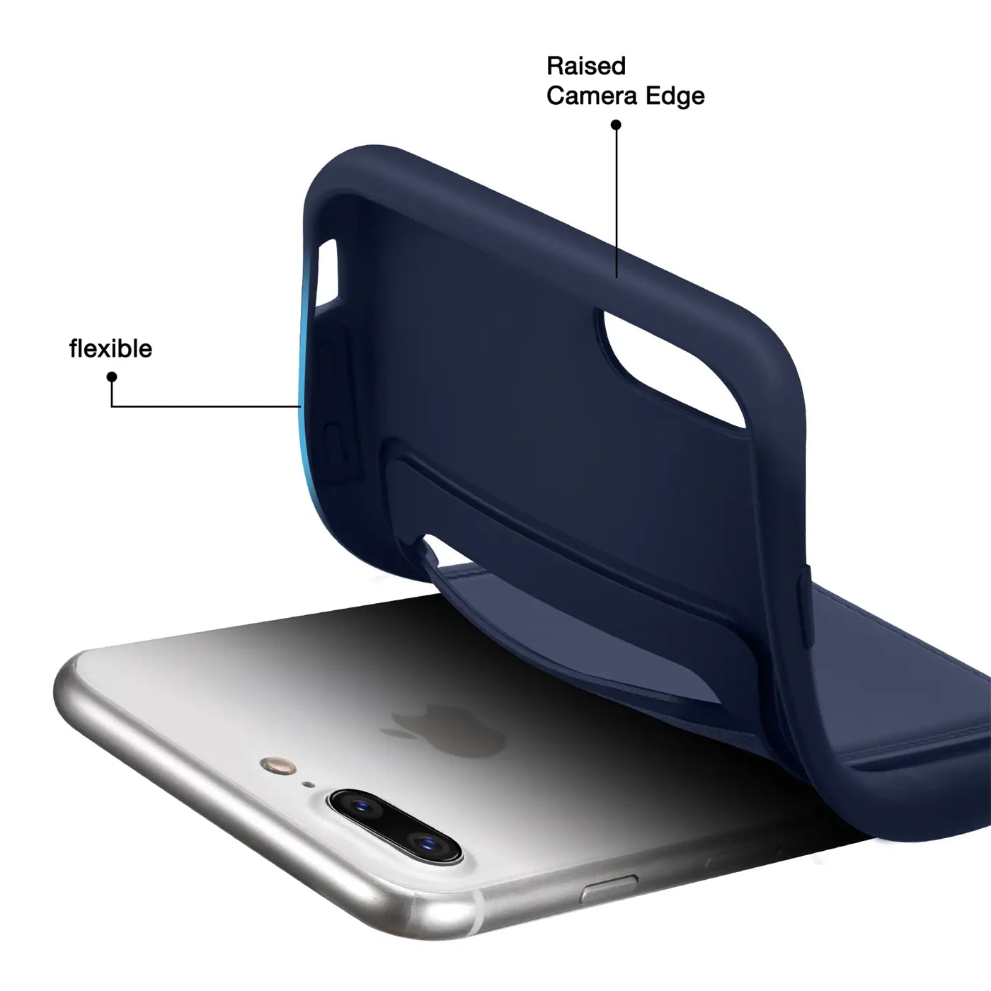 Dunkelblaue, flexible Hülle wird auf ein silbernes iPhone 7 Plus/8 Plus gelegt.