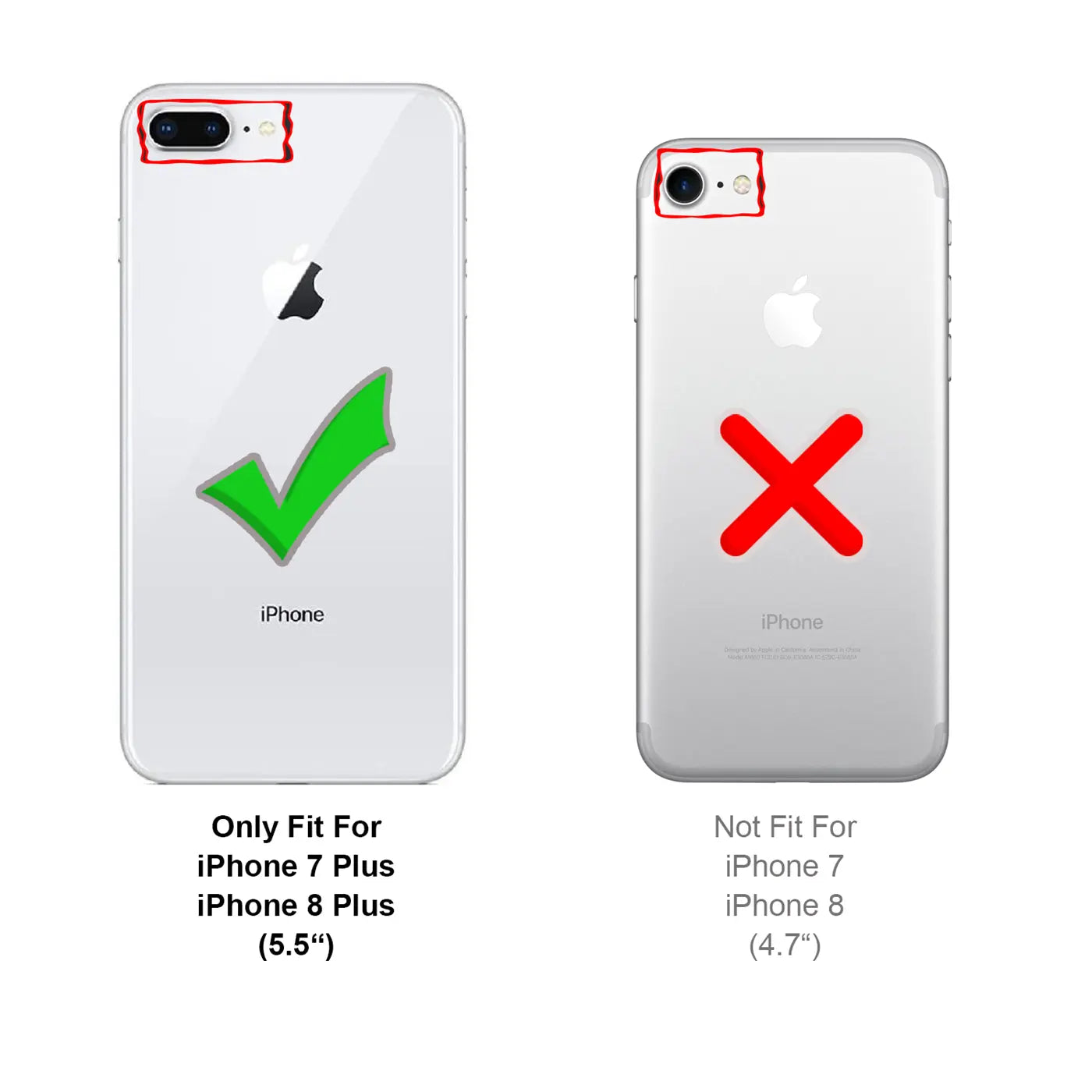 Zwei iPhones, Rückansicht. Links iPhone 7/8 Plus mit Haken, rechts iPhone 7/8 mit Kreuz.