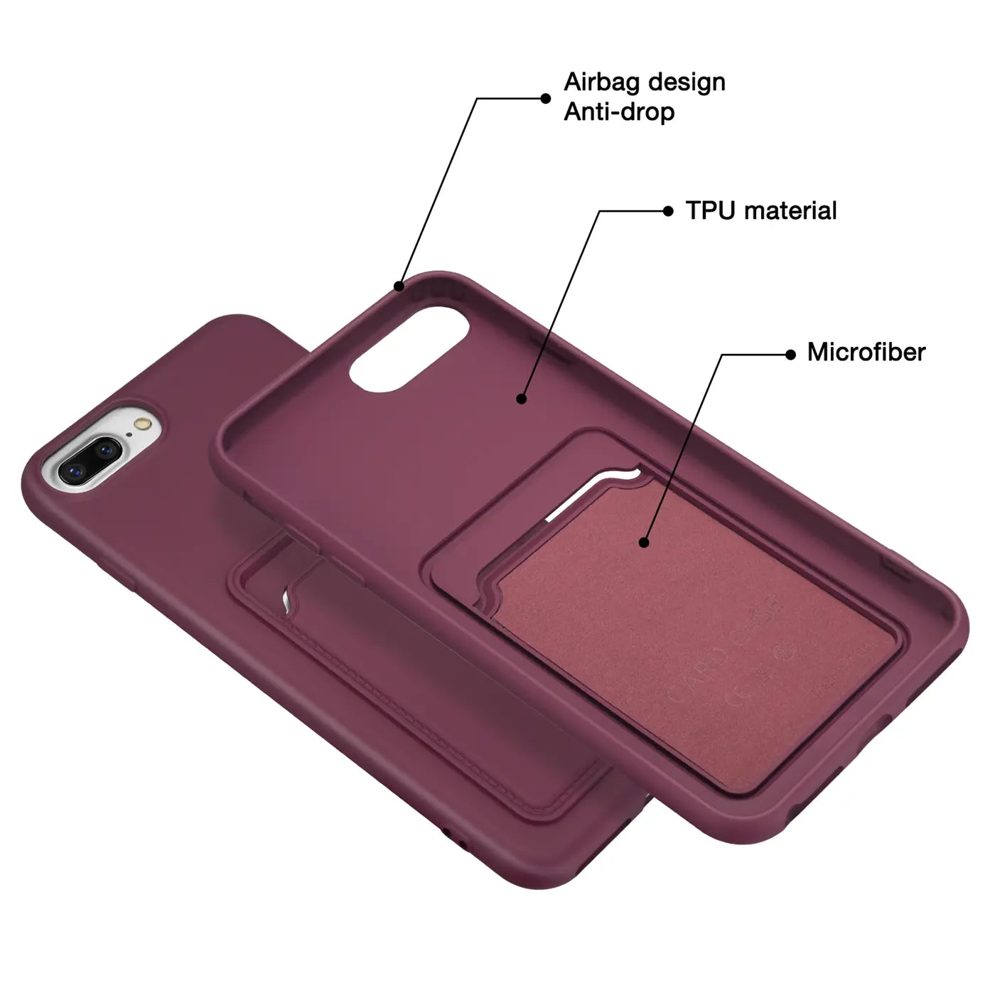 Dunkelrote TPU-Hülle mit Kartenfach für iPhone 7 Plus/8 Plus, von oben schräg fotografiert.