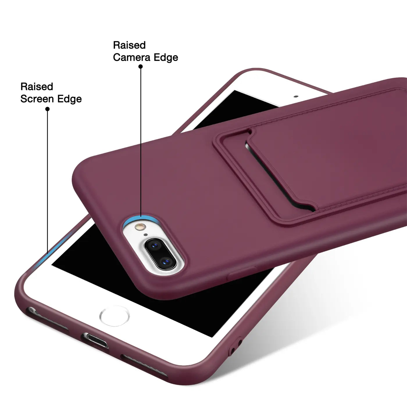 Bordeauxrote Hülle mit Kartenfach auf iPhone 7 Plus/8 Plus, von schräg oben